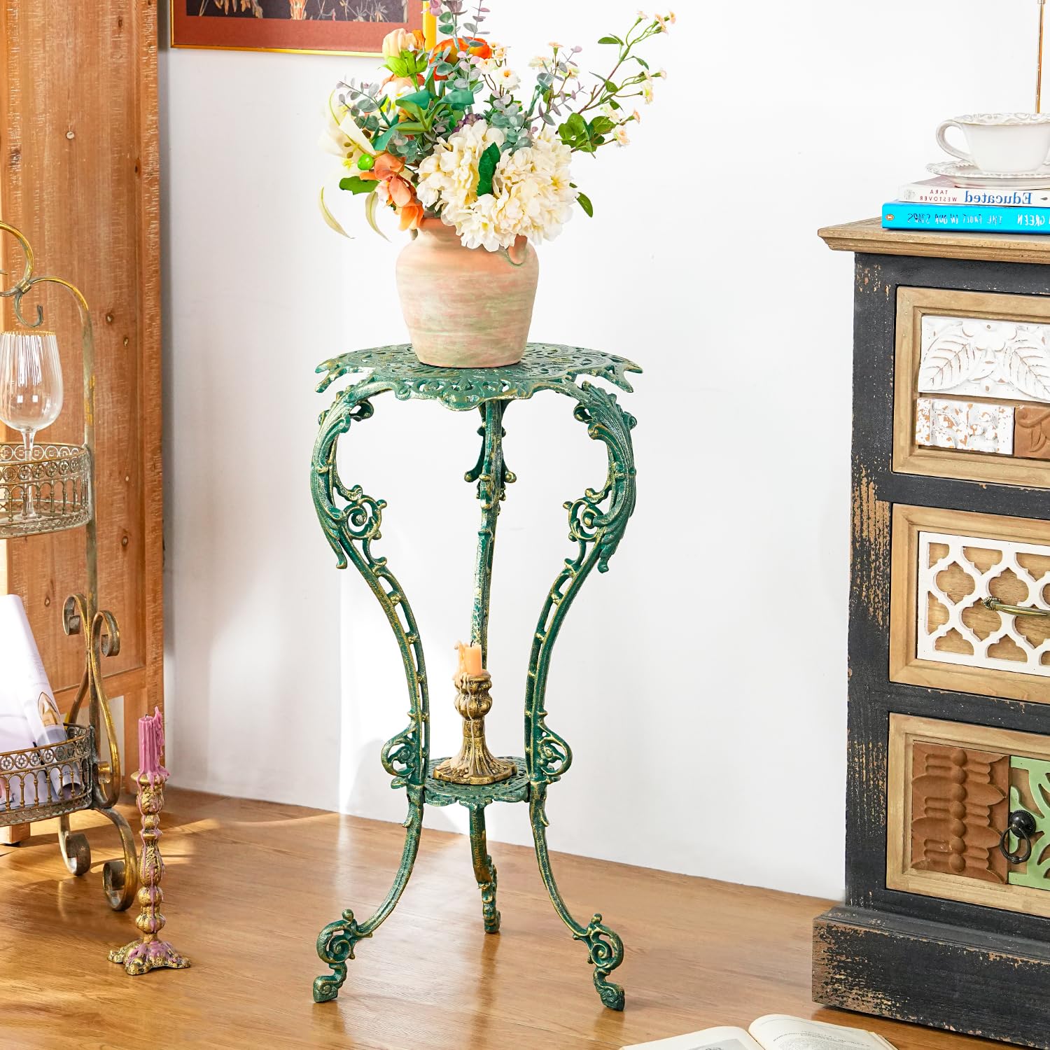 Sungmor Pflanzenständer aus Gusseisen im Vintage-Stil, kunstvoller grüner Standtisch für drinnen und draußen, 69,8 cm, antiker Metall-Blumentopfhalter, viktorianischer Stil, Pflanzenständer, Terrasse