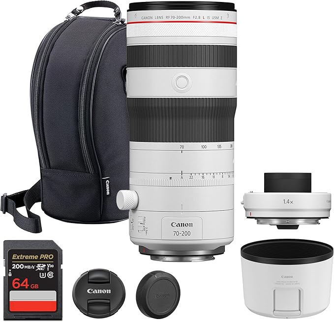 Canon RF 70-200mm f/2.8 L is USM Z Lens – Compact Telephoto Zoom with Image Stabilization for Portrait, Sports & Event Photography (6594C002) + Canon Extender RF 1.4X + 64GB Memory Card