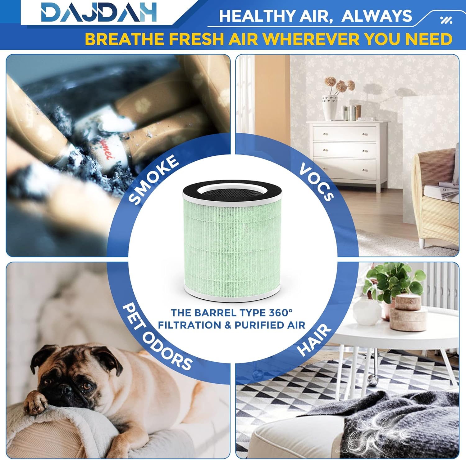 VK-6067B Filter Compatible with Vremi & Hokeki Air Purifier Filter Replacement, 2-Pack, H13 True HEPA, Nylon, Improves Moist Conditions