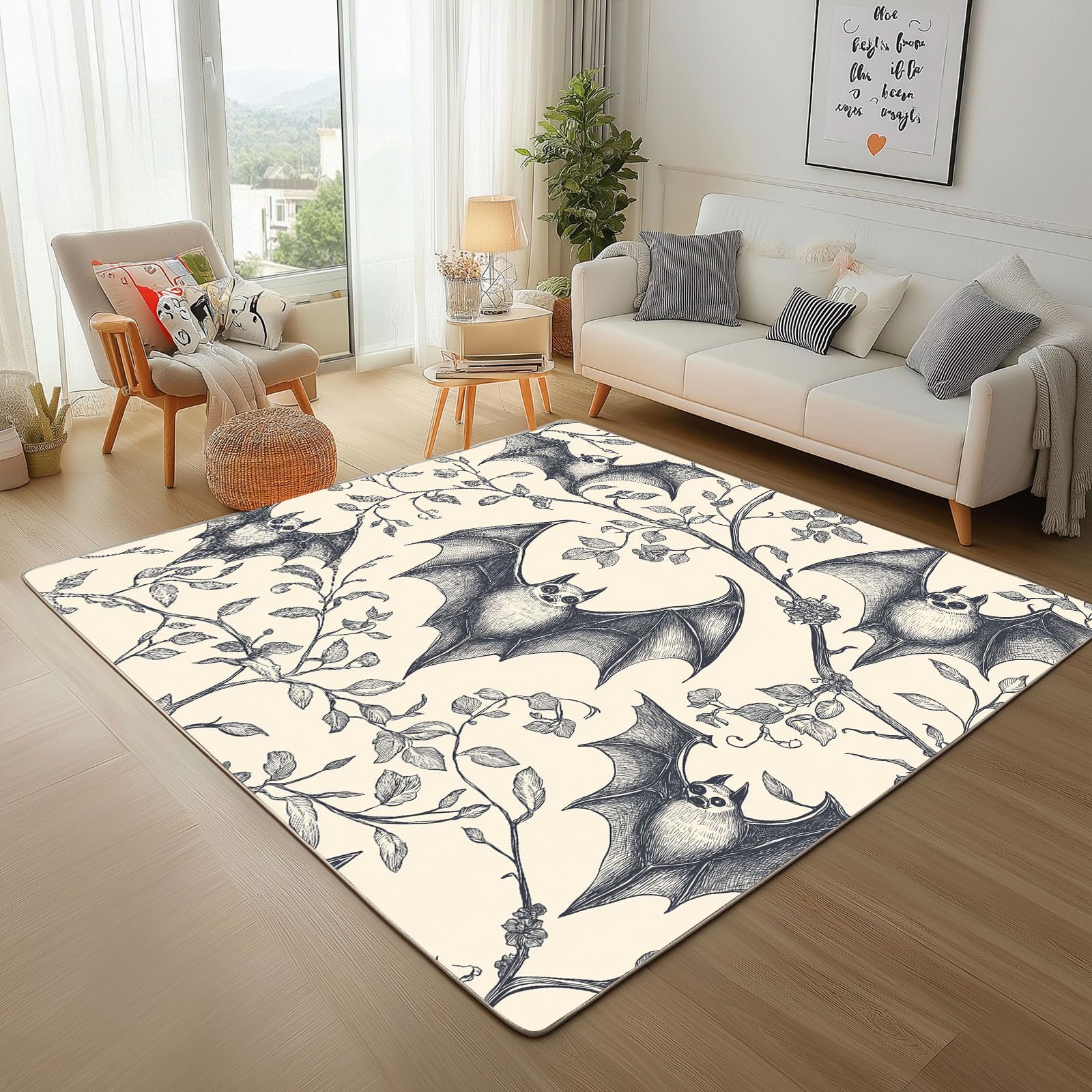 Tapis de salon gris résistant 160x230cm antidérapant et doux motif chauves-souris facile à nettoyer