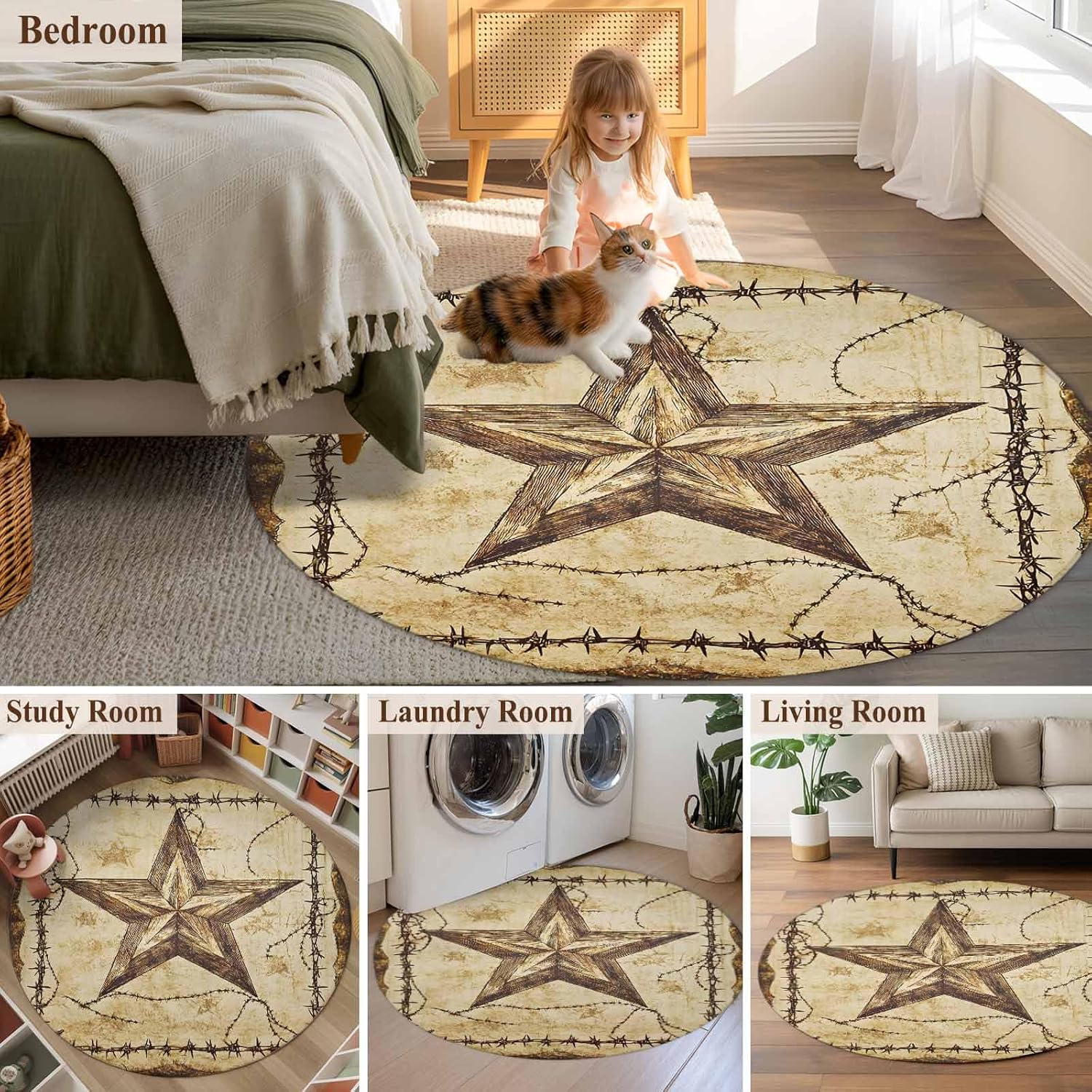 Brown Texas Star Country Round Rug 7ft Washable Circle Rugs Non Slip Western Stars Retro Large Area Rug Indoor Floor Carpet for Bedroom Kitchen Living Room Home Office Dining Room Nursery