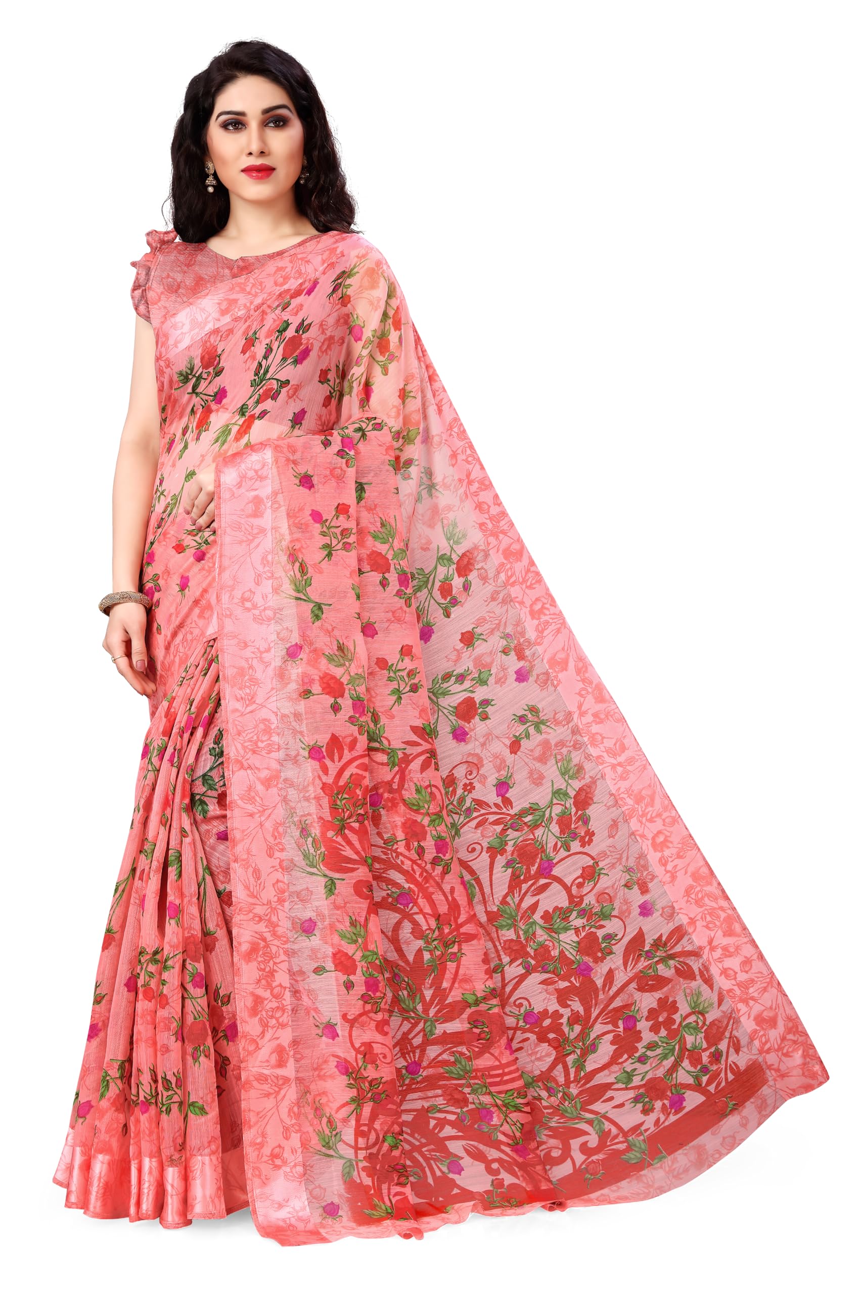 MIRCHI FASHION Women's Fancy Cotton Blend Tropical Floral Printed Saree with Blouse Piece