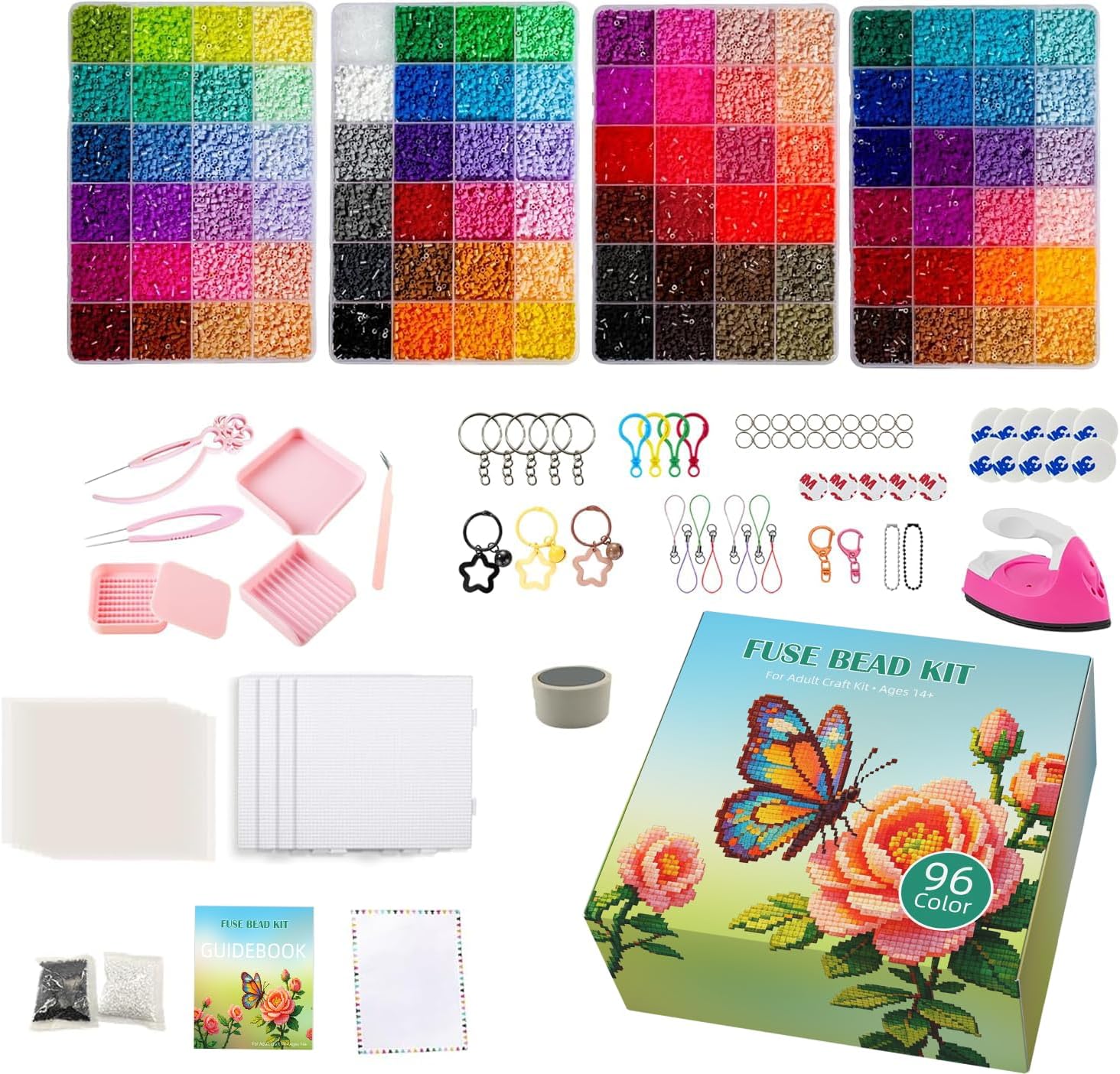 Perler Beads Kit 96 Colors 53000 2.6mm, DIY Craft Beads for Adults, Easy to Use for Creative Stress-Relief Art Mini Iron with 1 Ironing Cloth & 3 Ironing Papers, Projects