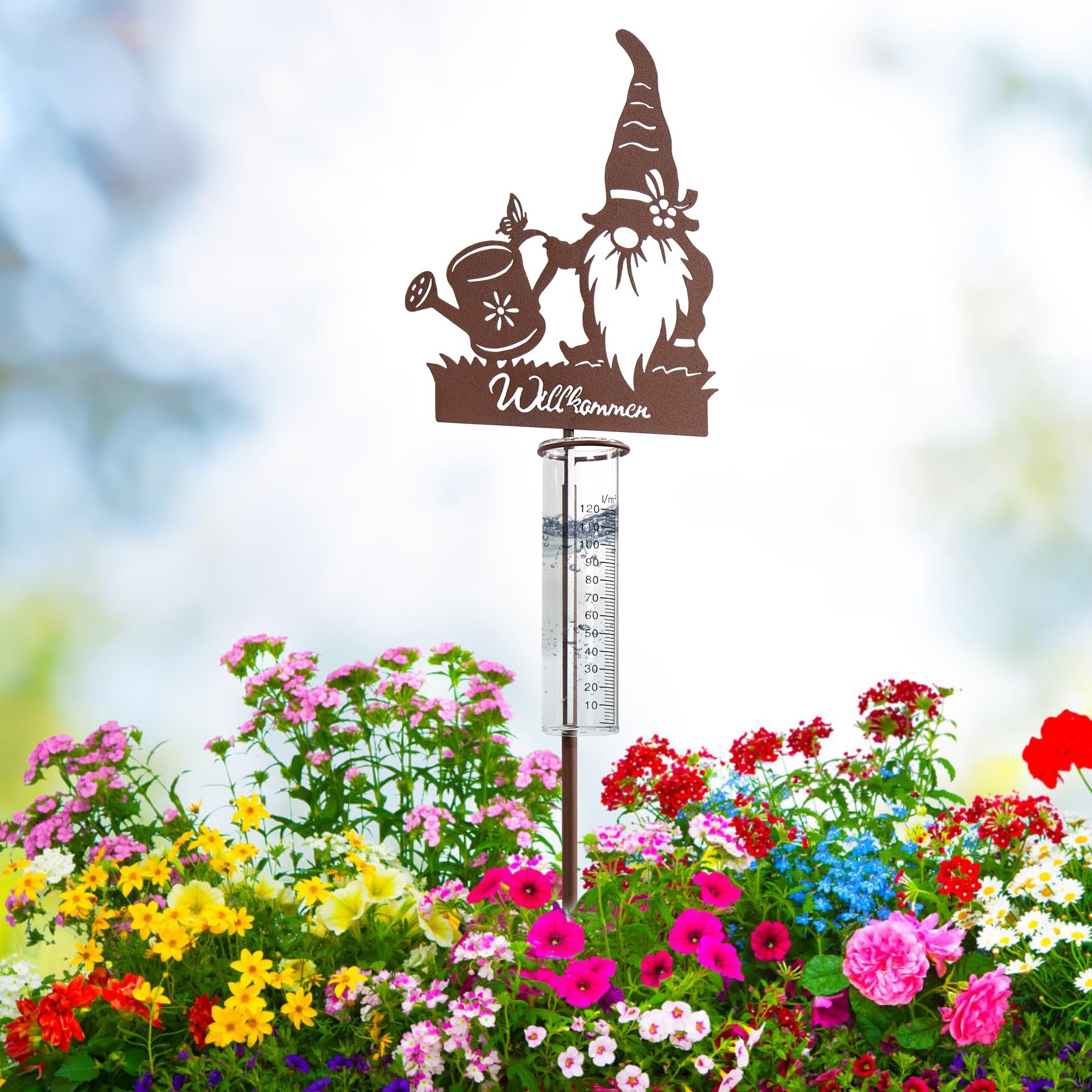 Regenmesser für Garten Dekorativer Niederschlagsmesser mit Erdspieß 100cm Hoch, Regenwassermesser Glas auf Gartenstecker, Willkommensschild & Zwerg Motiv