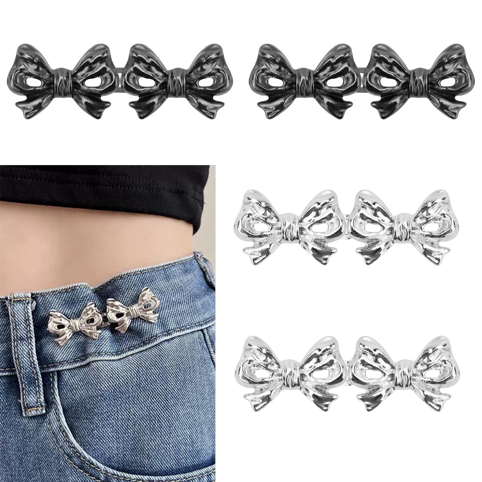 Bekecidi 4 Pairs Bow Jeans Button Pins, Detachable Trouser Waist Tightener Adjustable Waist Buckle Tighten Waist Buttons No Sew Pants Waist Adjuster Clips for Loose Jeans Trousers (Silver, Black)