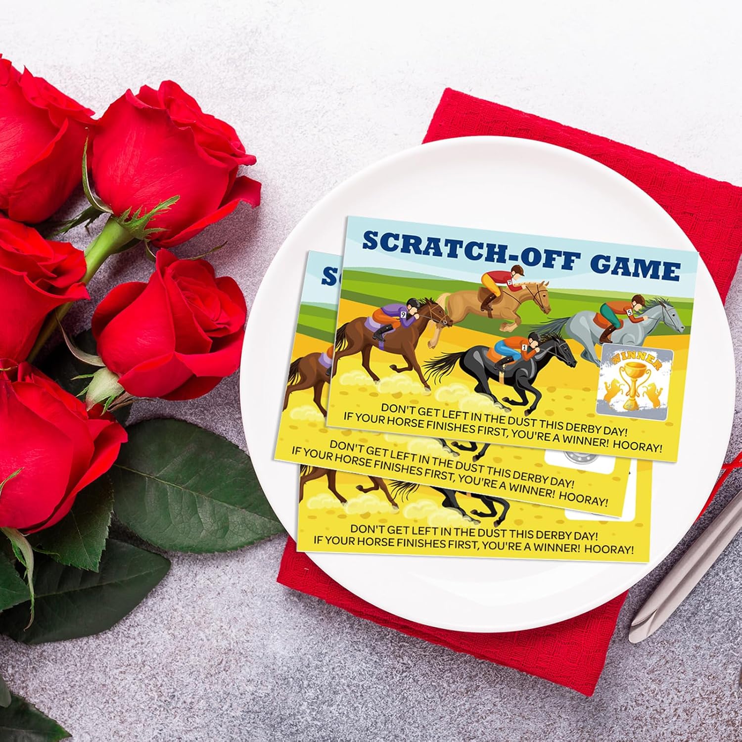 MotiMind 160 Pcs Derby Scratch Off Tickets Horse Race Party Favors Games Betting Cards for Adults 150 Pcs [Unlucky] and 10 PC [Winner] with Scratch Off Stickers Derby Party Decorations Supplies