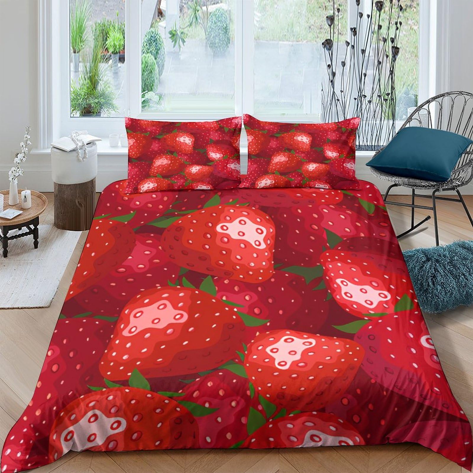 Housse de couette fraise rouge King 3 pièces avec taies d'oreiller pour lit adulte