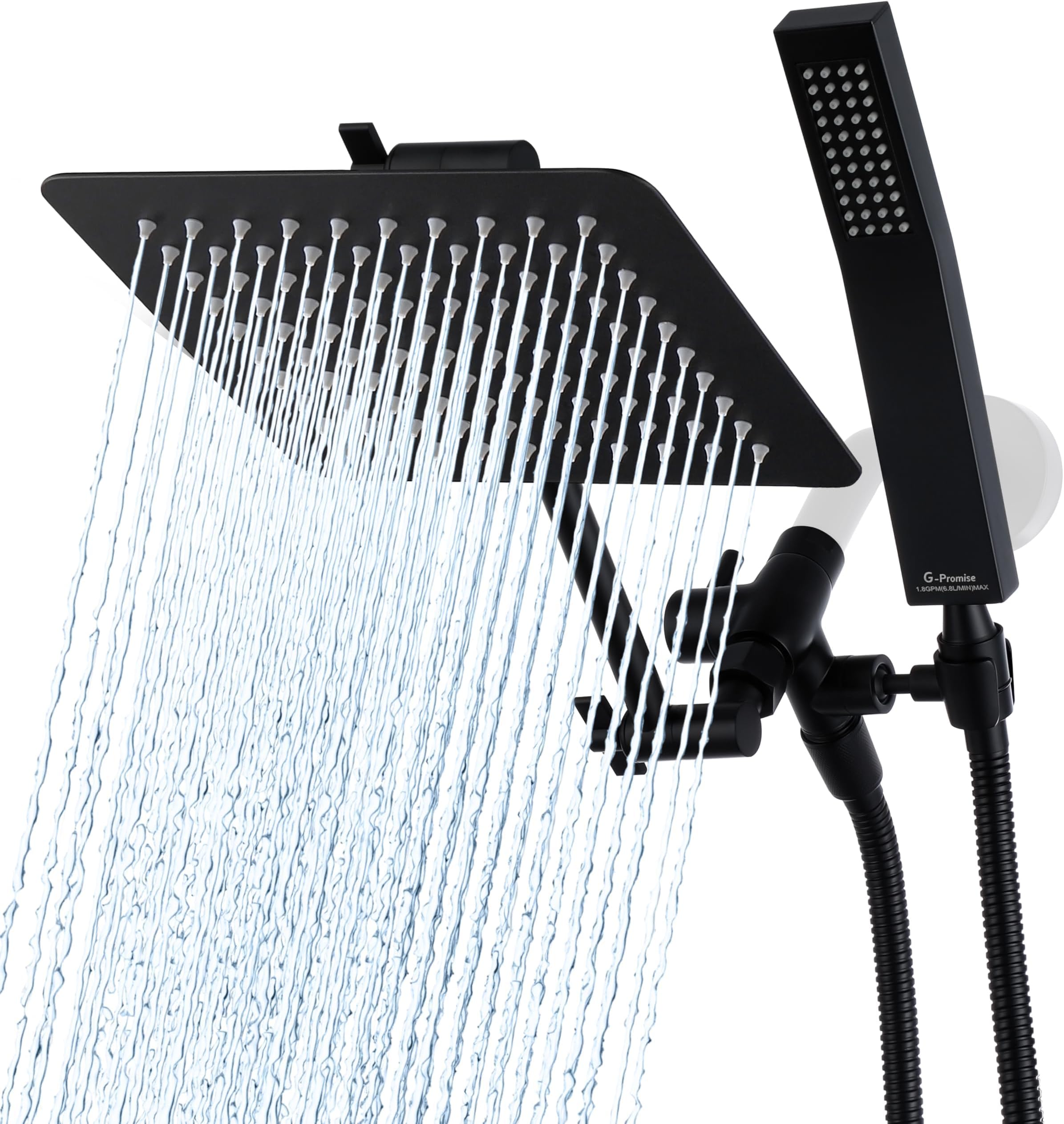 All Metal 8 Inch Dual Square Shower Head with Handheld Spray Combo, Rain Shower Head, Adjustable Extension Arm, 3-Way Diverter, 71 Inch Extra Long Hose - A Bathroom Upgrade (Matte Black)