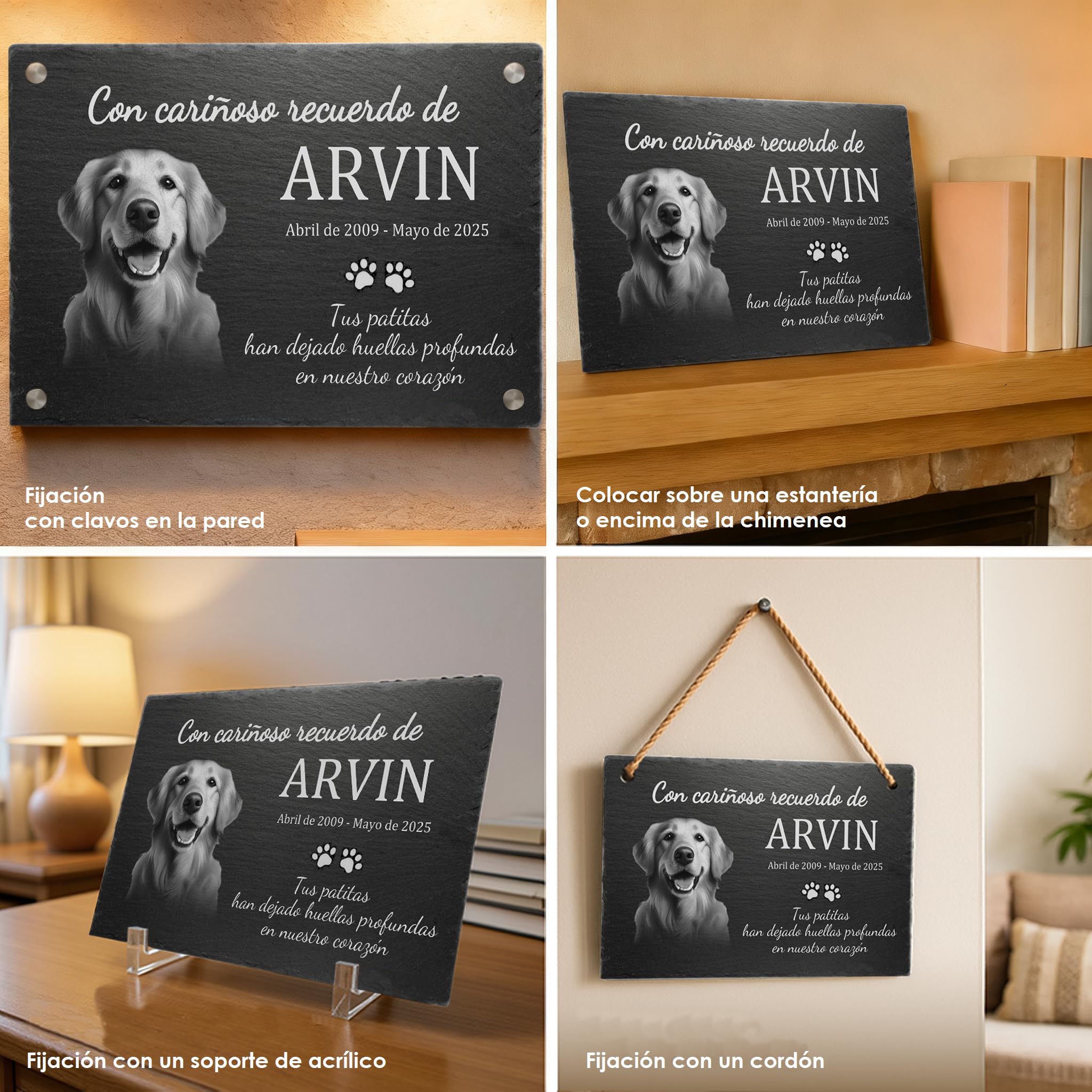 Placa Conmemorativa Personalizada para Mascotas en Pizarra Natural – Memorial para Perro o Gato con Foto y Texto Grabado – Apta para Exterior – 30x15 / 30x20 / 40x30 cm