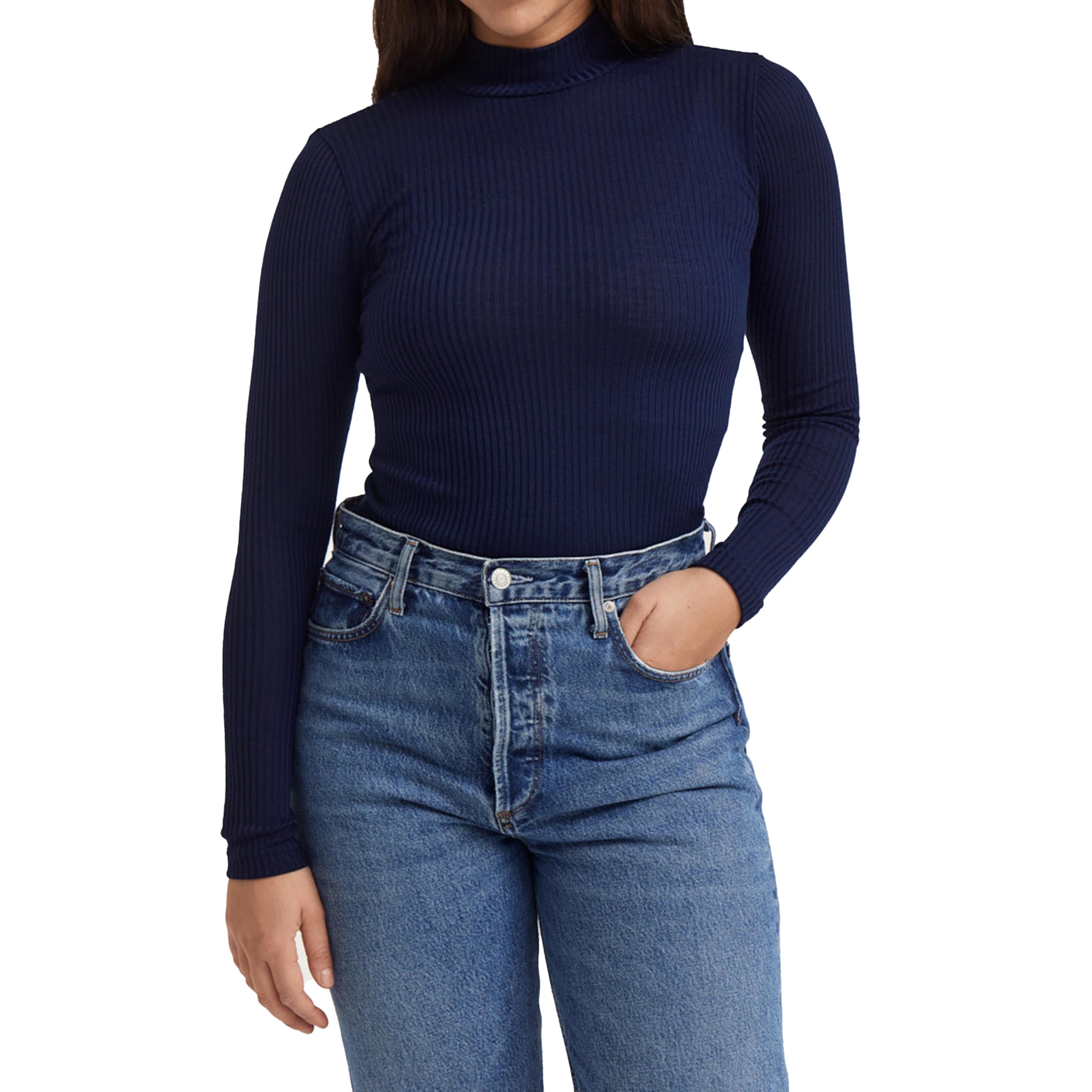 Dilling Women's Dark Navy Ribbed High Neck Top - Organic Merino Wool 12