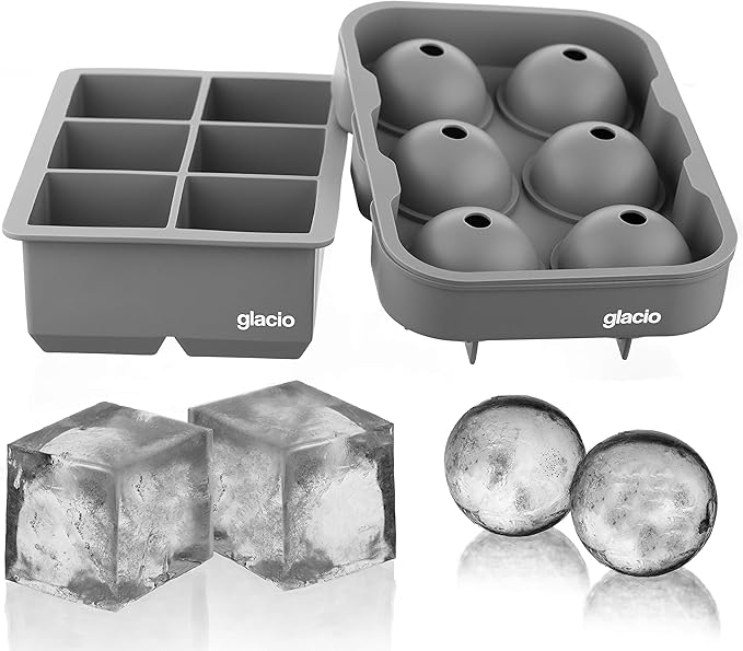 glacio Ice Cube Molds Combo with Large 2" Square Cubes & Sphere Ball