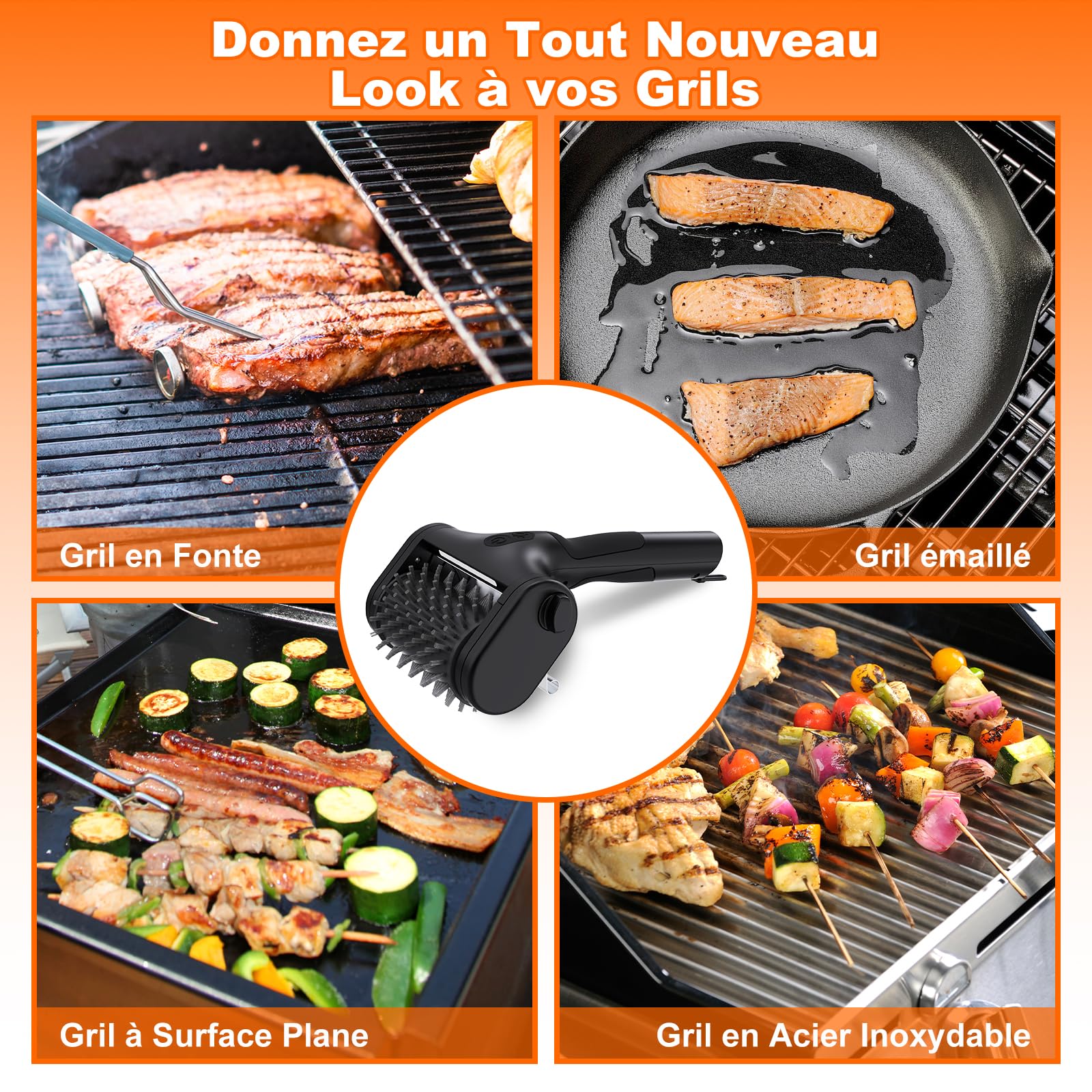 Brosse éLectrique pour Barbecue, Deux Vitesses (590RPM, 1000RPM), Deux TêTes de Brosse Incluses, éClairage LED, Brosse éLectrique Rechargeable AdaptéE à Tous Les Types de Barbecues Noire