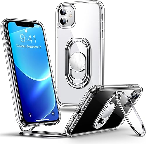 Shields Up Funda para iPhone 11 con soporte, funda transparente con soporte de doble anillo ajustable y plegable a prueba de golpes para iPhone 11