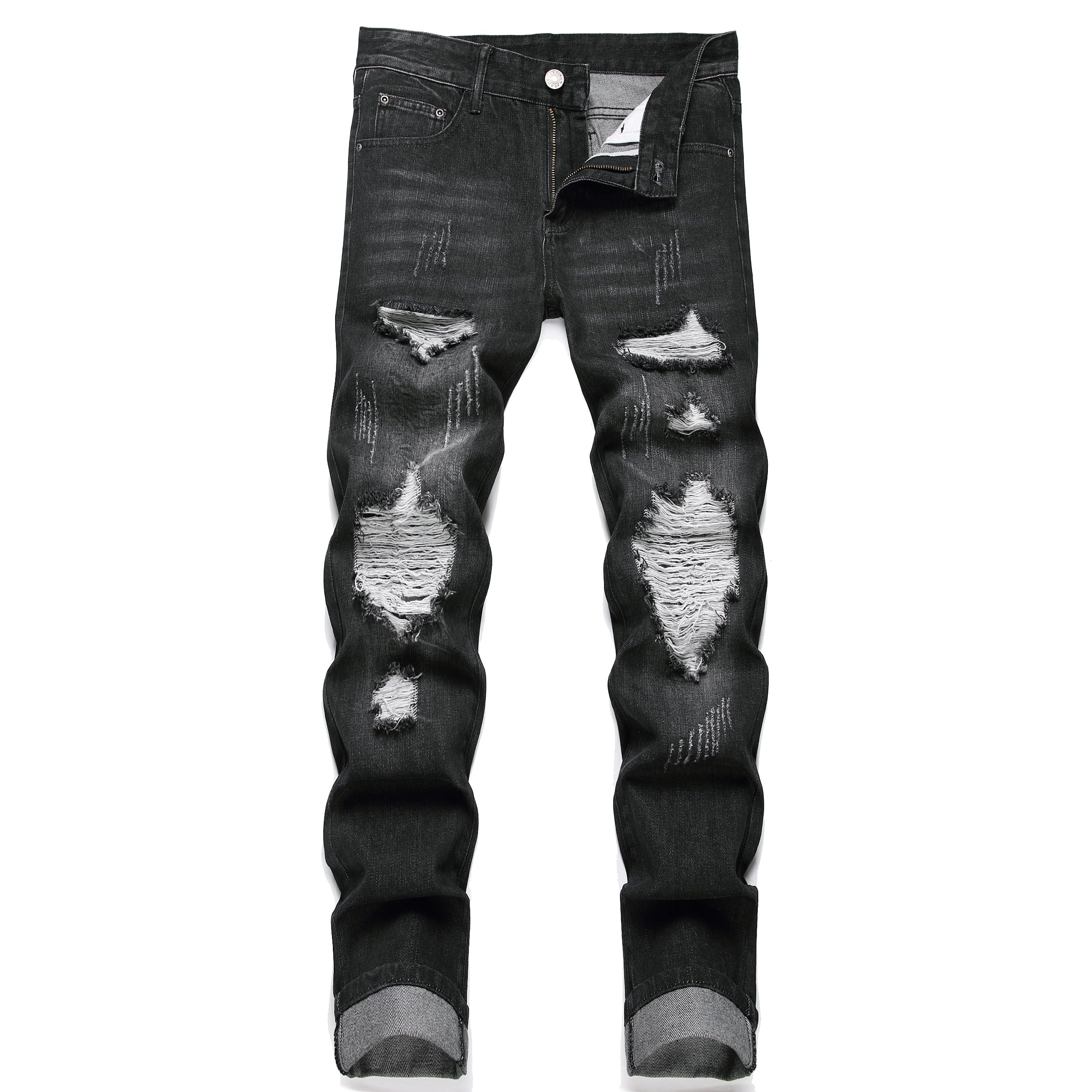 OIIIO Men's Ripped Slim Fit Straight Leg Jean Denim Pant