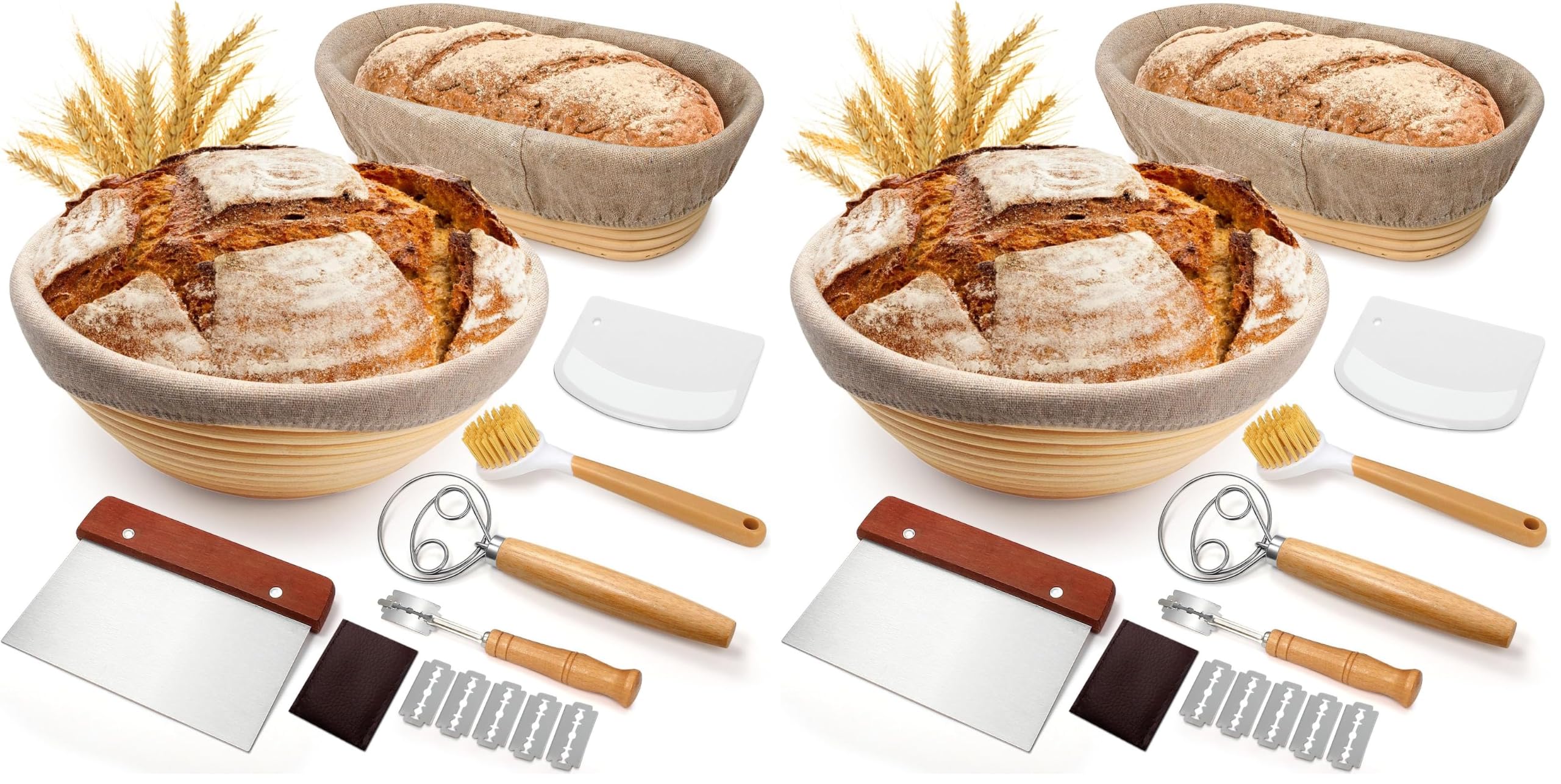 Sourdough Proofing Basket Gift Set, 9" Round and 10" Oval Banneton Bread Baking Supplies, Sourdough Baskets with Bread Lame, Danish Whish, Bowl Scraper, Sourdough Scraper, and Linen Liner (Pack of 2)