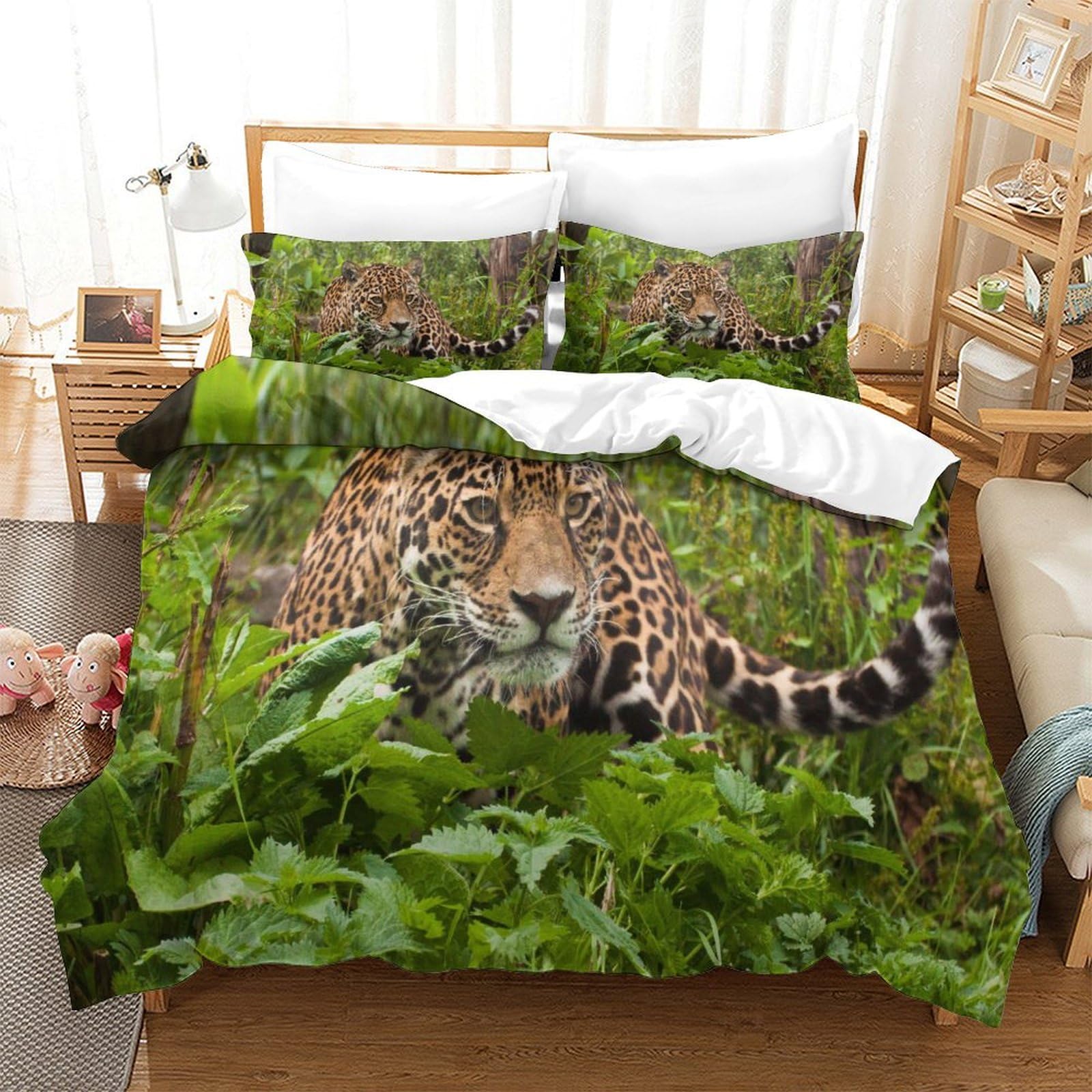 P1s9u7w5y Jaguar-7 Wild Leaves 3D Printed Leopard Duvet Cover Set 3Pcs Microfiber Jungle Animal Bedding Set King（220X240cm）