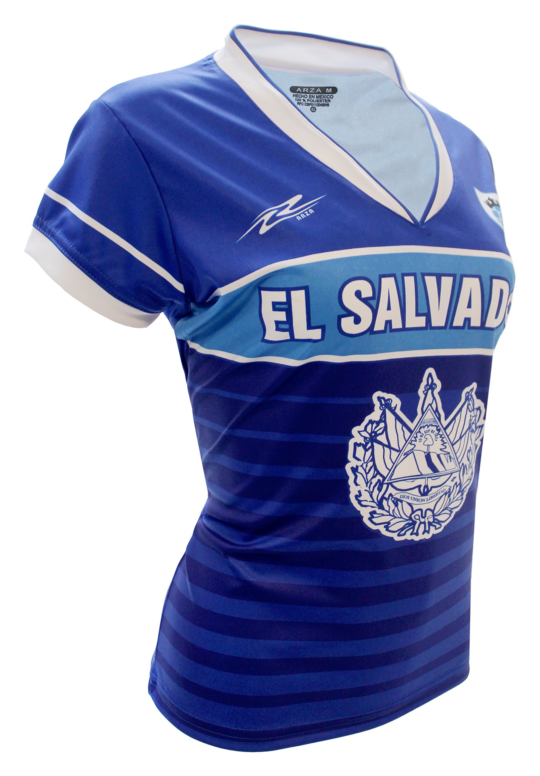 El Salvador Slim Women Soccer Jersey Blue/White/Pink Short Sleeve V-Neck (US, Alpha, Medium, Regular, Regular, Blue)