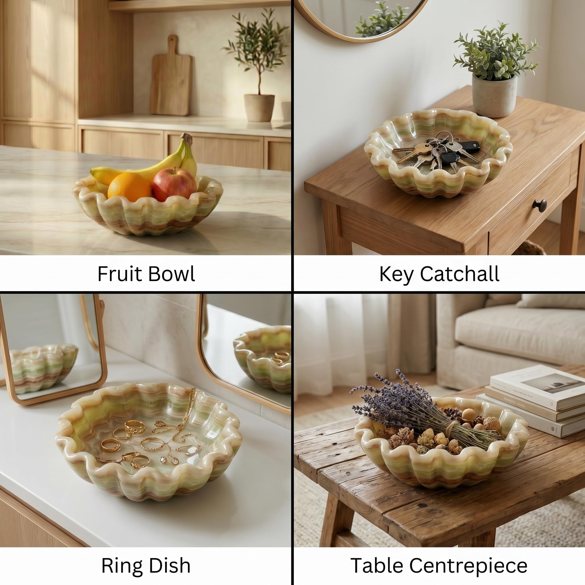 SPESHSTONES Cuenco decorativo de mármol de ónix verde de 8 pulgadas, hecho a mano, cuenco festoneado con volantes para encimera de cocina, centro de mesa de comedor y cuenco para llaves de entrada