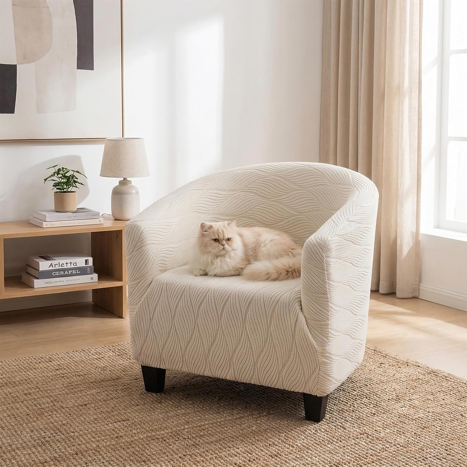 KRFOONN Club Chair Slipcover Stretch Round Barrel Chair Cover, Beige | Soft Jacquard Tub Chair Slipcover, Washable Armchair Sofa Covers, Spandex Furniture Protector Arm Chair Cover for Living Room