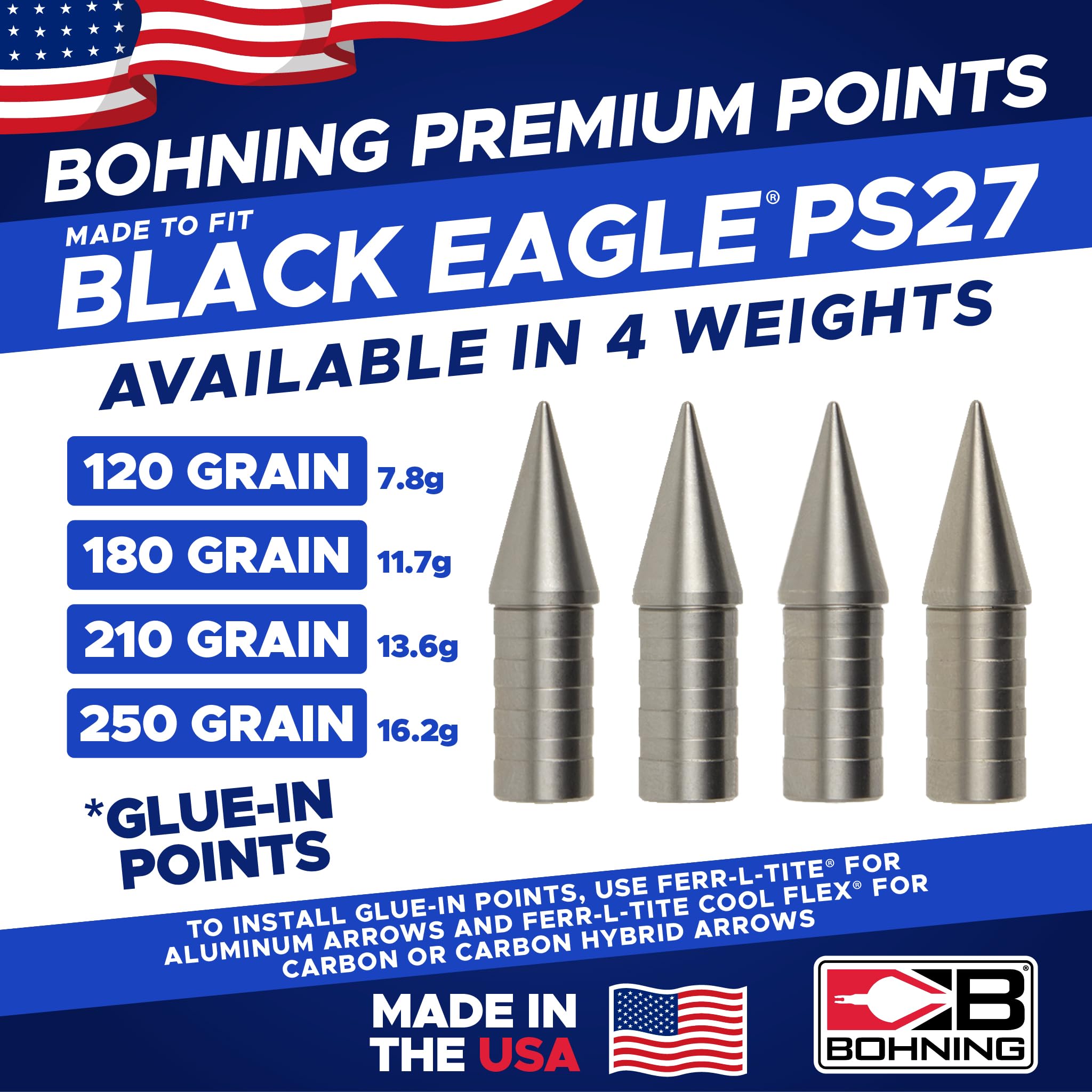 Bohning Match Grade Glue-in Points for Black Eagle® PS27, 180 Grain, 12pk