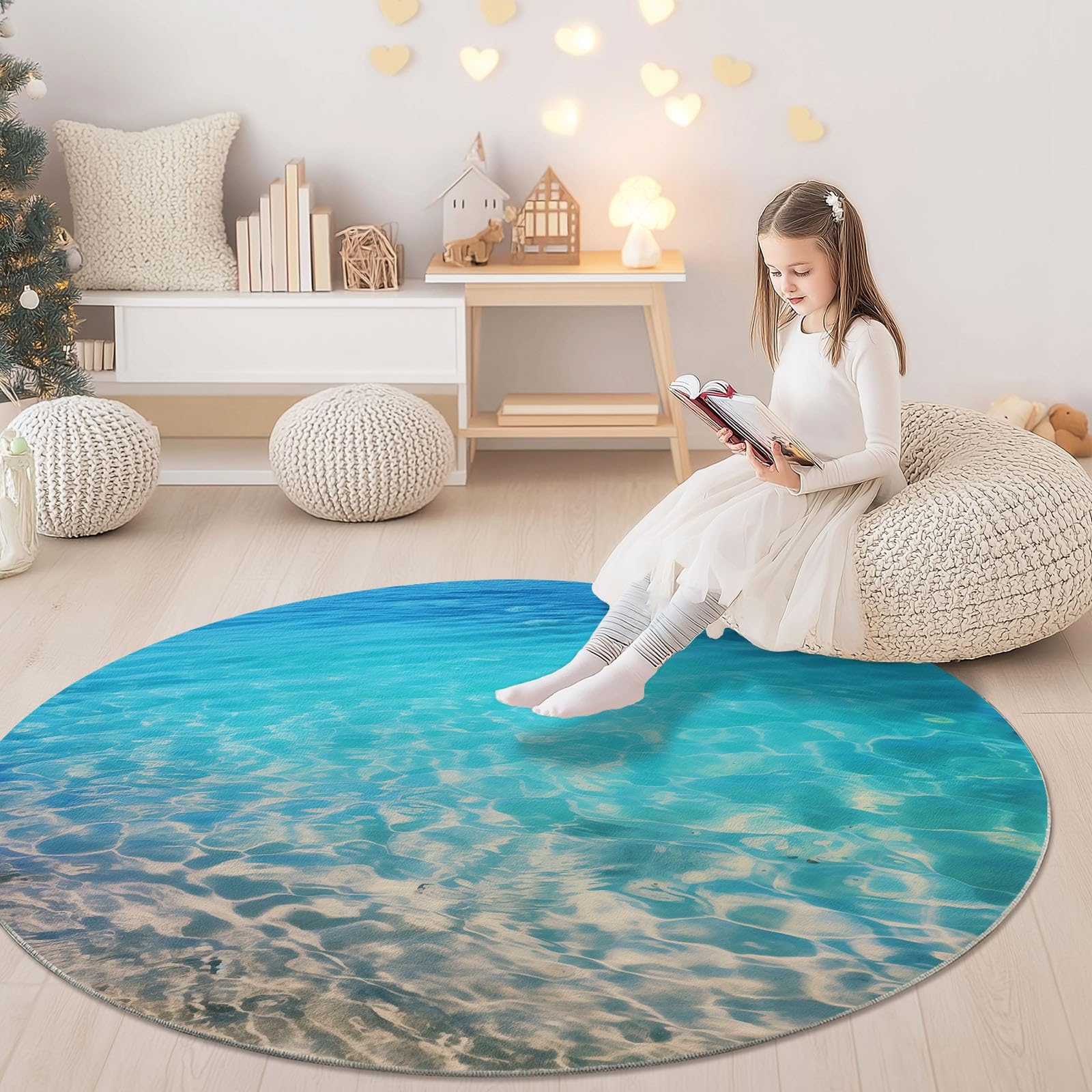 Generico Tappeto Rotondo Salotto Costiero Spiaggia Mare Tema, 120 cm Tappeto Camera da Letto Rotondo Grande Pelo Corto, Antiscivolo Tappeti Rotondi per Bambini Camera, Azzurro