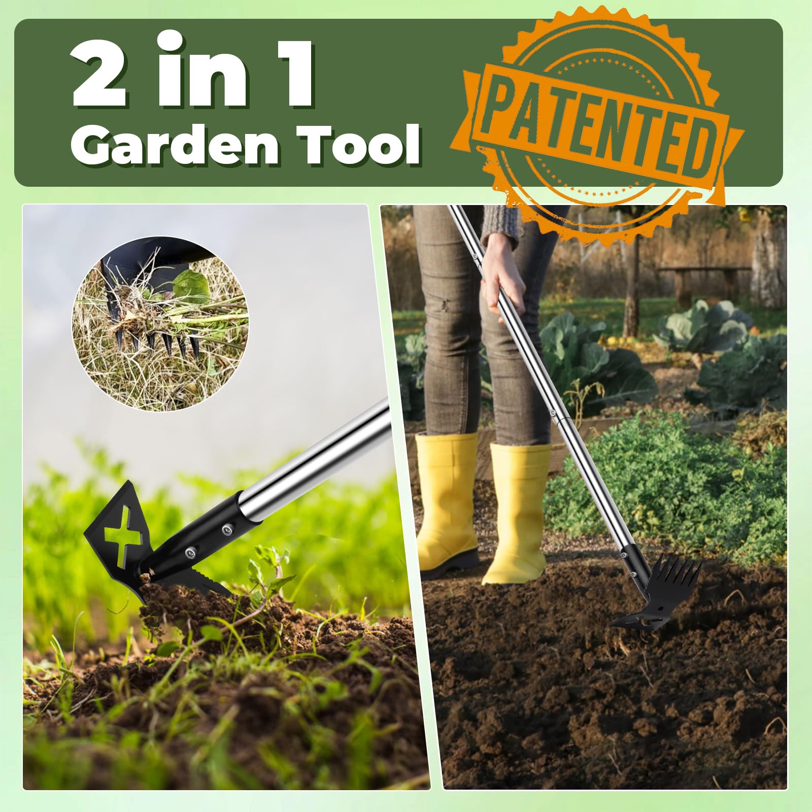 NICOFPHY Herramienta extractora de malezas con mango largo, herramientas manuales de 60 pulgadas para jardinería, rastrillo de malezas de mano 2 en 1 y herramienta de desbrozador de jardín