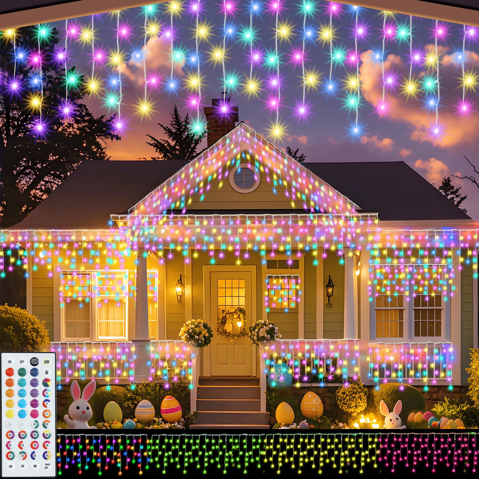 Color Changing Christmas Icicle Lights with Remote, 35 Colors 9 Modes String Lights Outdoor, 240 LED 38.5 FT RGB Waterproof Hanging Lights for Roof