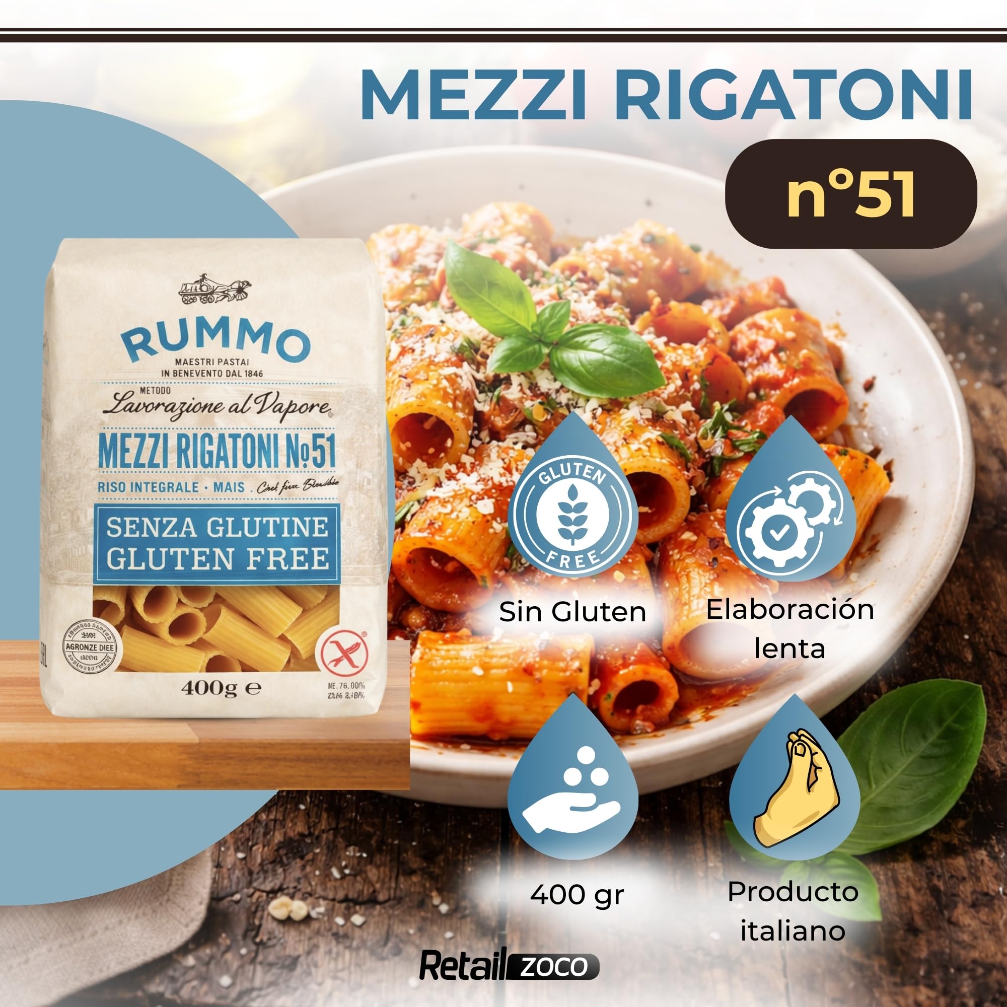 Pasta Rummo Mezzi Rigatoni SIN Gluten nº 51, Pasta Italiana, Pasta alimenticia con harina de arroz integral y maíz, Sin gluten, Elaboración lenta, 3 Paquete de 400 gr