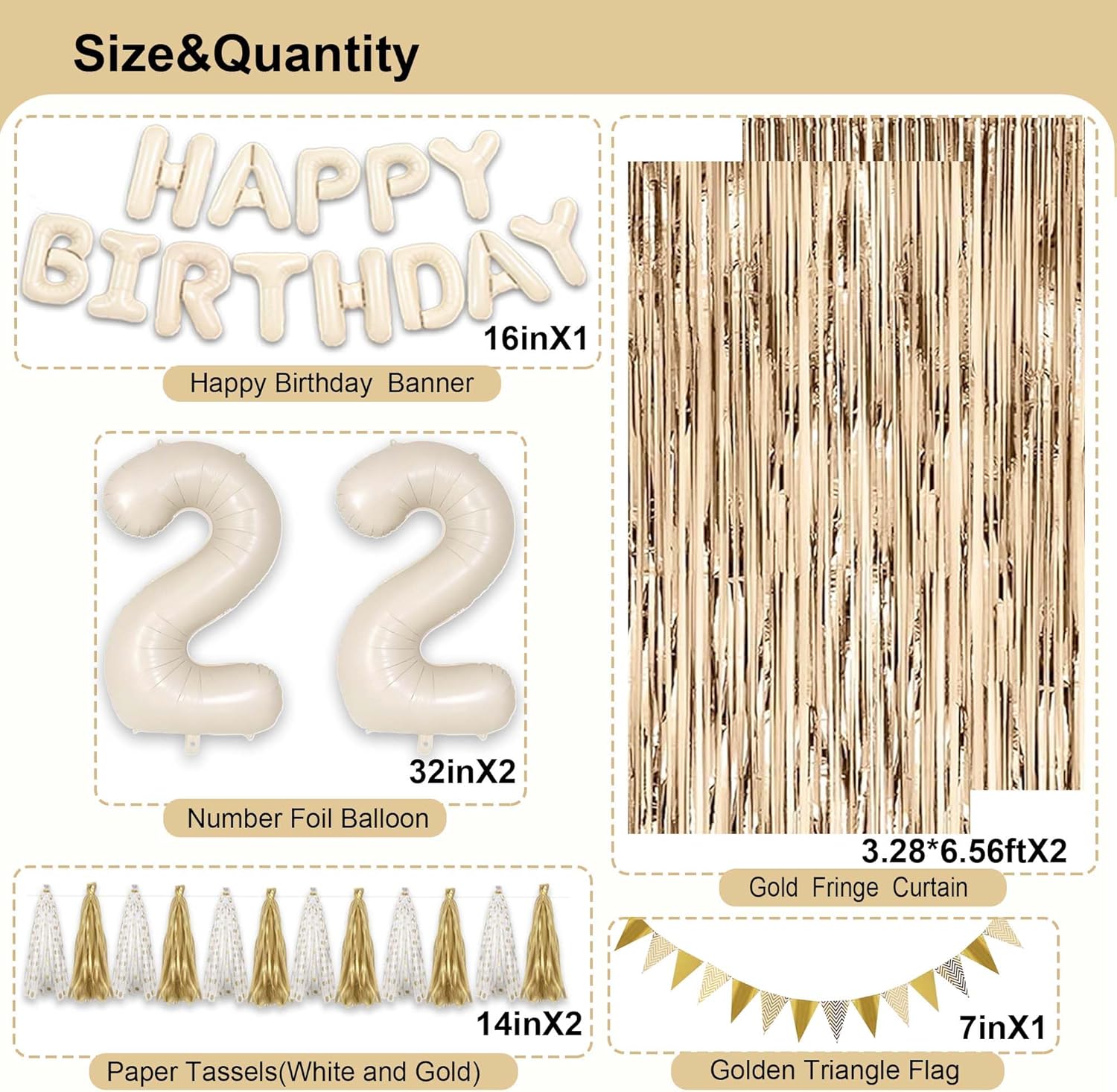 22nd Birthday Decorations for Women, White and Gold 22 Boho Birthday Party Supplies Includes Number Balloons, Banner, Fringe Curtain, Cake Topper - Image 3