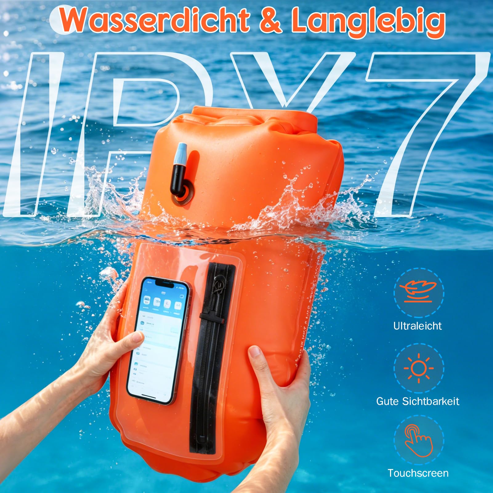 Kiiwah 20L Freiwasser Schwimmen Boje für Erwachsene und Kinder, Aufblasbare Schwimmboje mit Trockentasche Boje für Schwimmer PVC Dry Bag Hohe Sichtbarkeit Schwimm Bojen für Open Water und Triathlon