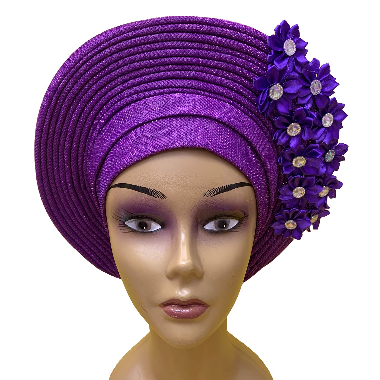 African Headtie Turban Nigerian Aso Oke Fabric Muslim Headwear Gele Head Wrap Sego Headtie Auto Gele Heaeddingdtie Already Made Women's Headband For W Party (Purple)
