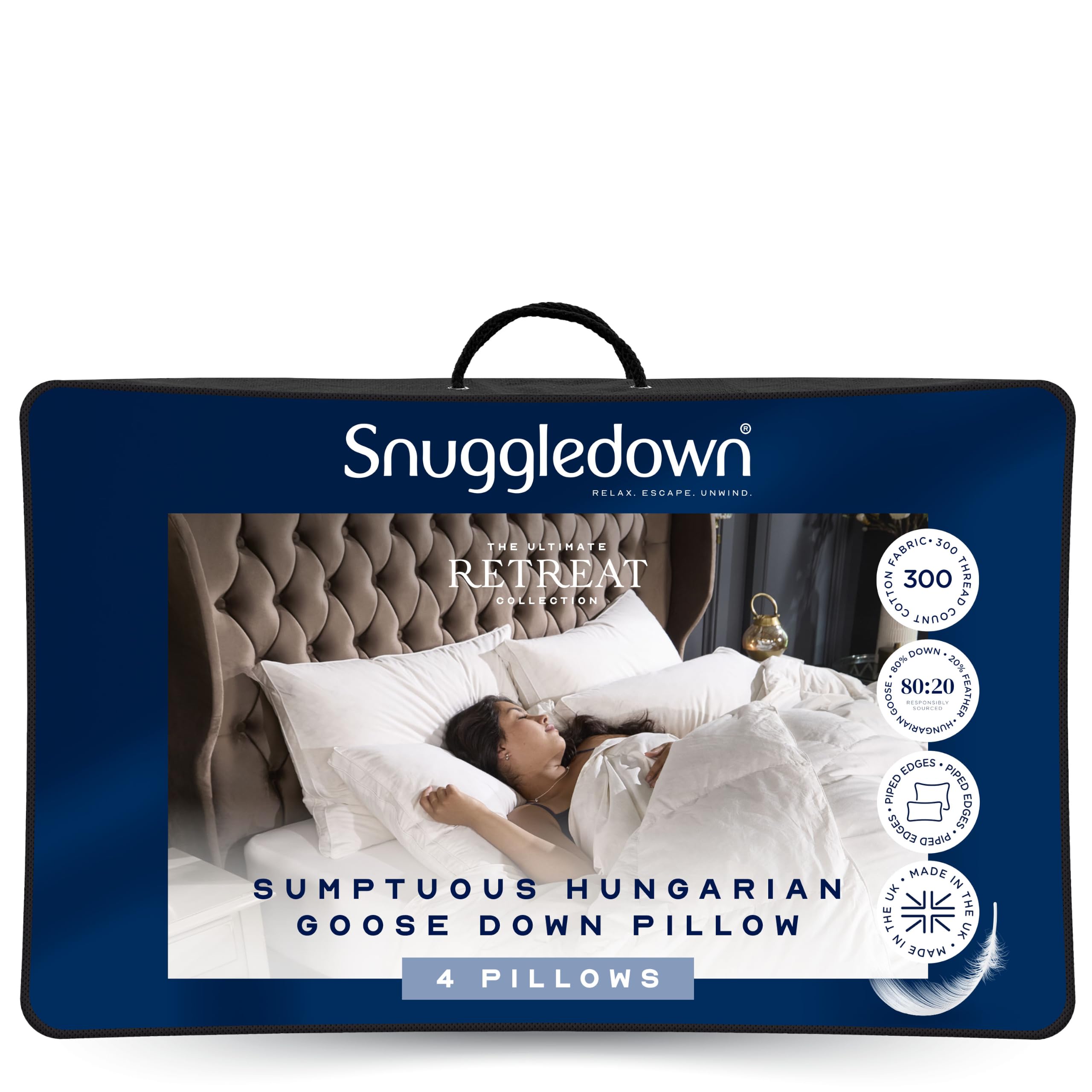 Snuggledown Hungarian Goose Down Pillows 4 Pack - 80:20 Ethically Sourced Fill for Front & Back Sleepers | Luxury Sateen Cotton Cover, UK‑Made, Non-Allergenic & Washable (48 × 74 cm)