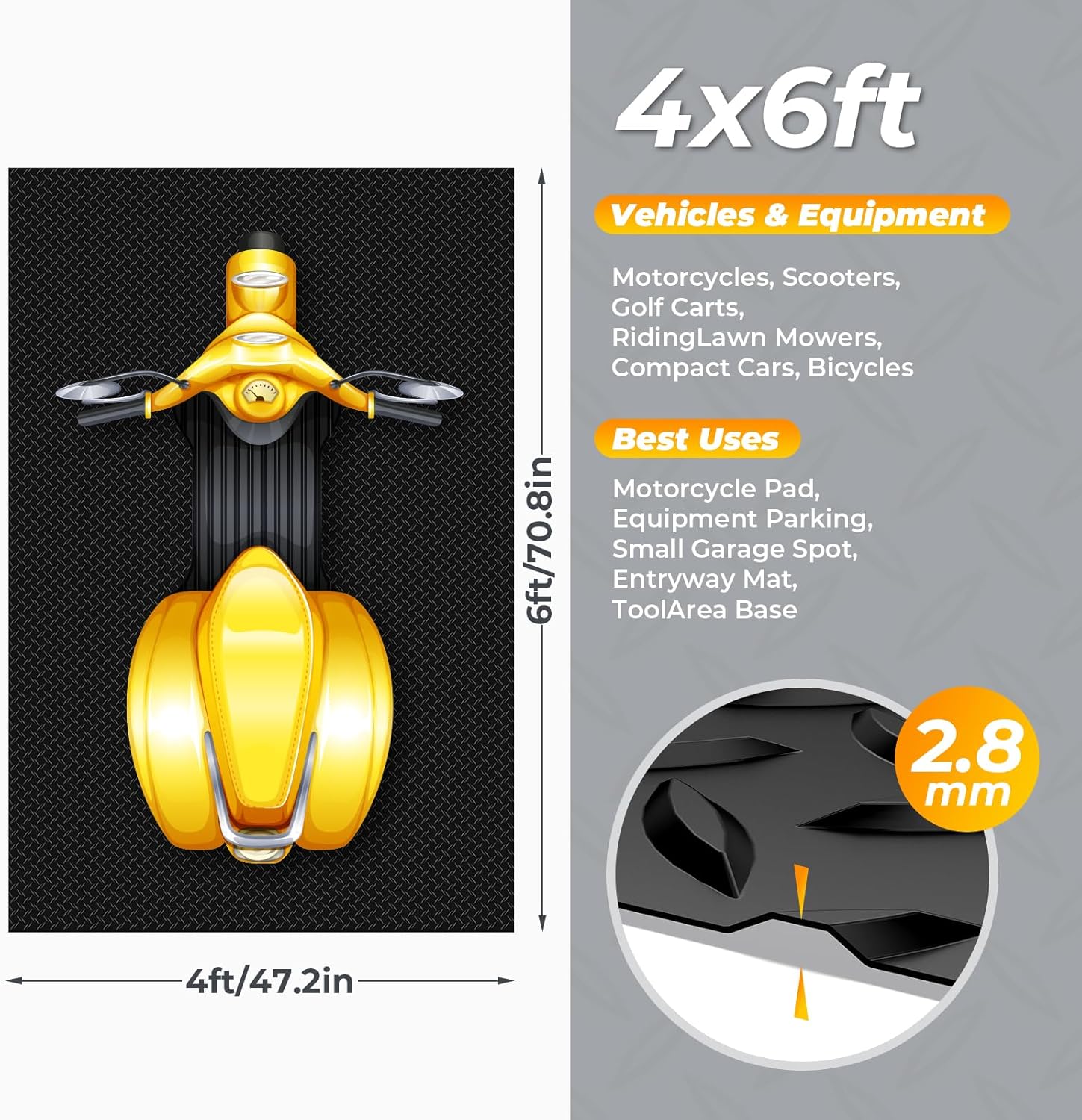 4x6 FT Diamond Plate Garage Floor Mat, Heavy Duty PVC Flooring Roll, 2.8mm Mat for Under Car, Motorcycle, Golf Cart, Trailer, Waterproof Non-Slip Floor Protector for Garage, Basement, Black