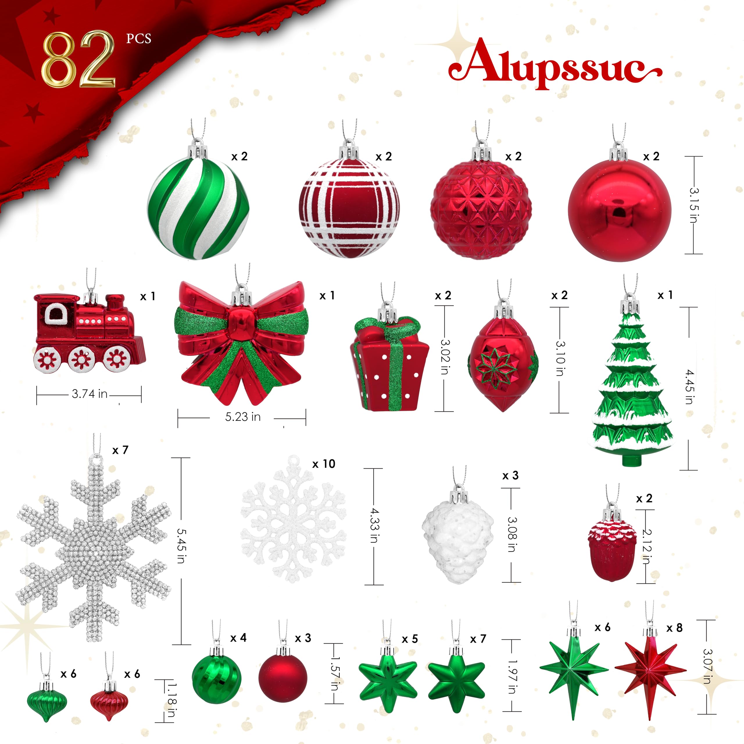 Alupssuc 82 Palline di Natale Infrangibili, Decorazioni Albero di Natale | 82 Pezzi Palline Albero di Natale, Corde Pre-appese, Plastica Infrangibile, per Albero/Casa/Feste, Rosso, Verde e Bianco