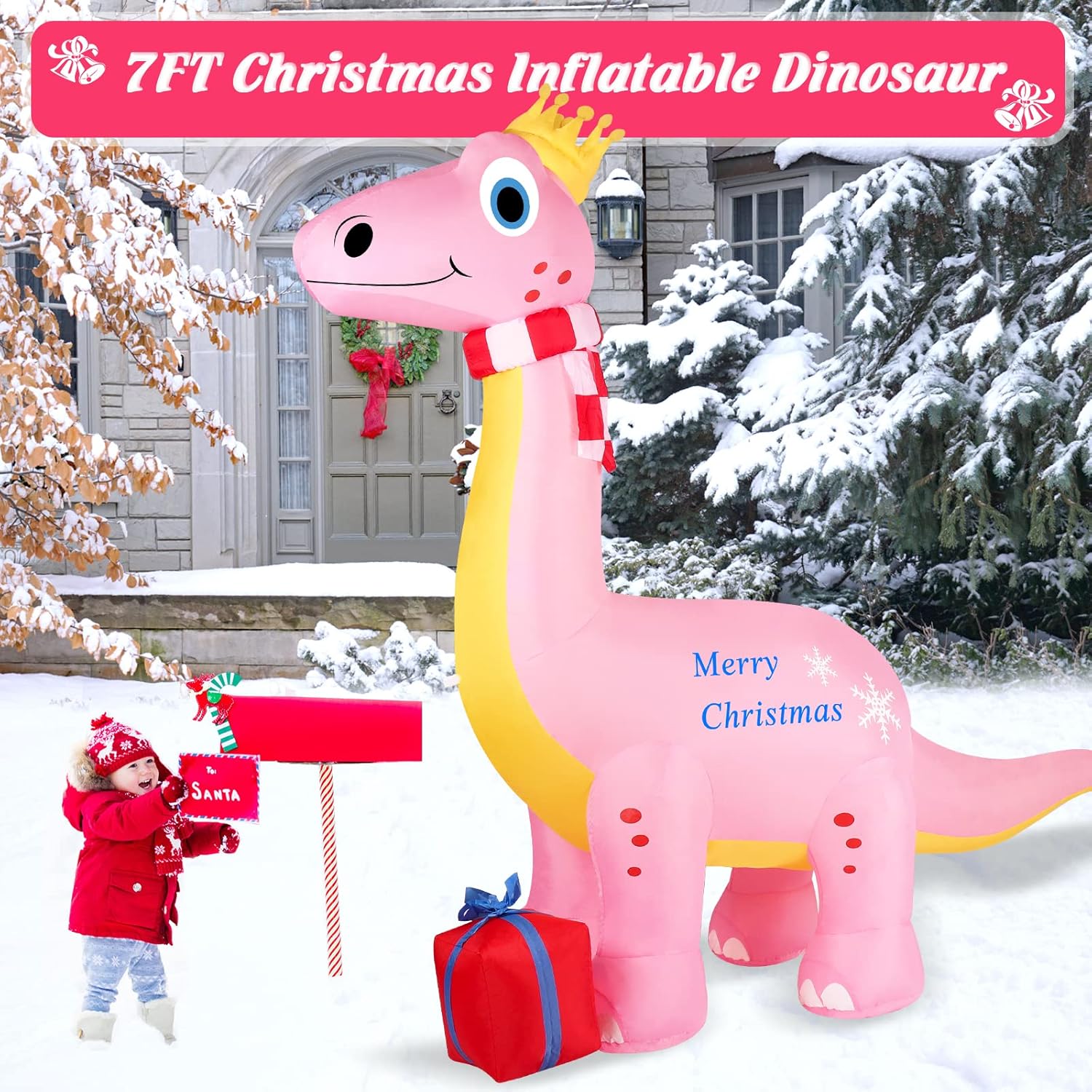 HUUIDY Christmas Inflatable Dinosaur, 7Ft Outdoor Christmas Decorations with Led Lights, Christmas Blow Up Yard Decorations with Present Christmas Hat for Outdoor Yard Lawn Garden Party Decor