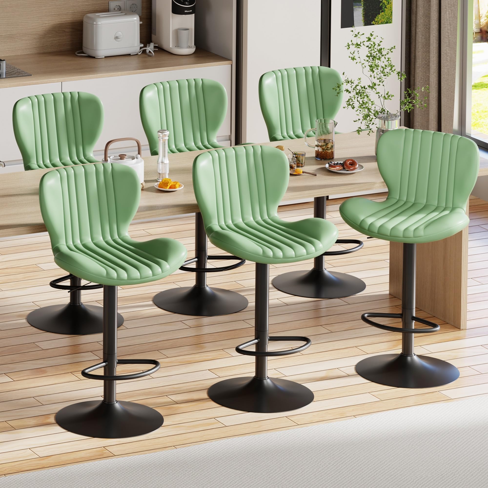 Shintenchi Bar Stools Set of 6 Modern Swivel Bar Chairs, Counter Height Faux Leather Metal Barstools, Upholstered Island Chairs with Back and Footrest