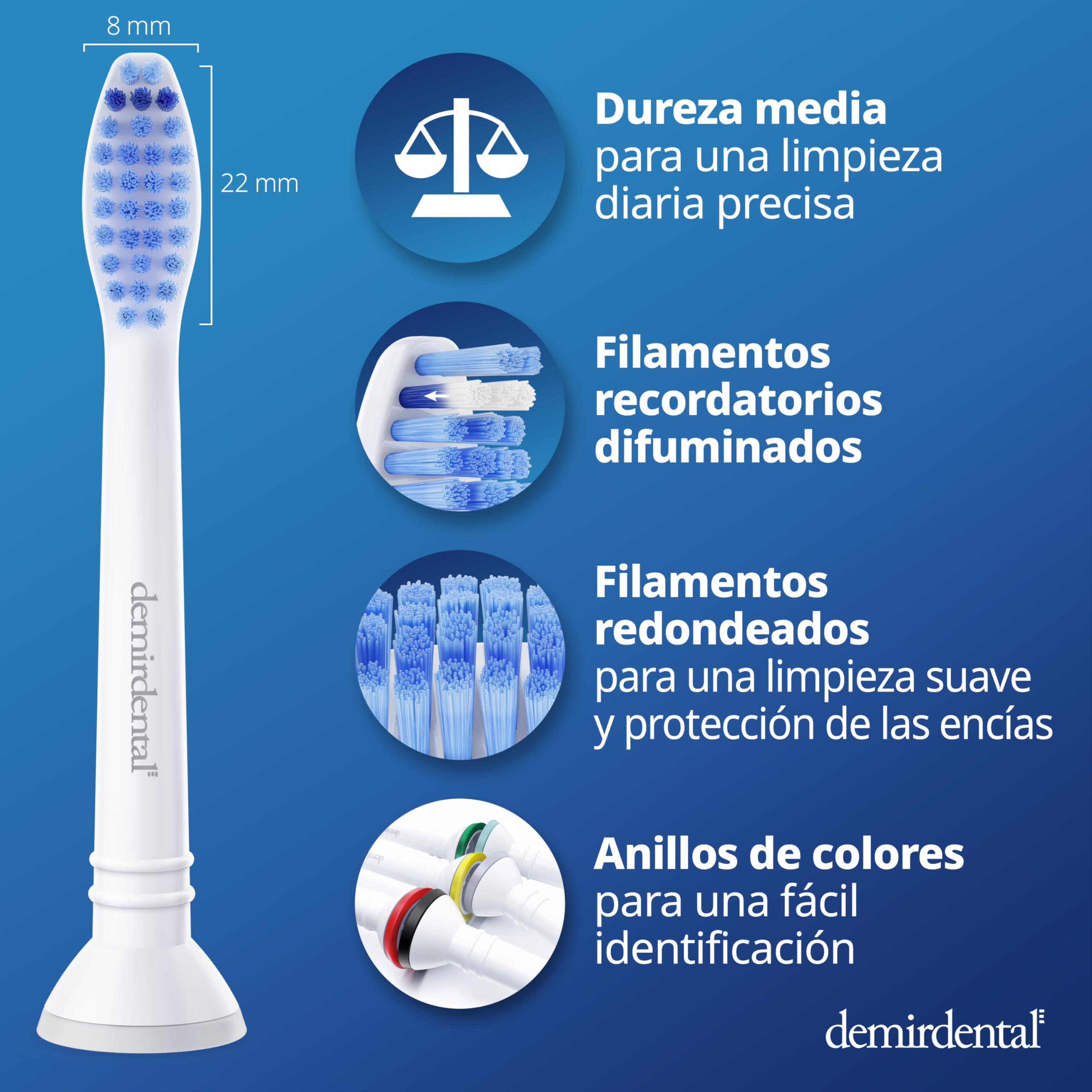 Pack con 8 cabezales demirdental compatibles con los recambios de Philips Sonicare, cepillos de dureza media, corresponde a HX6018