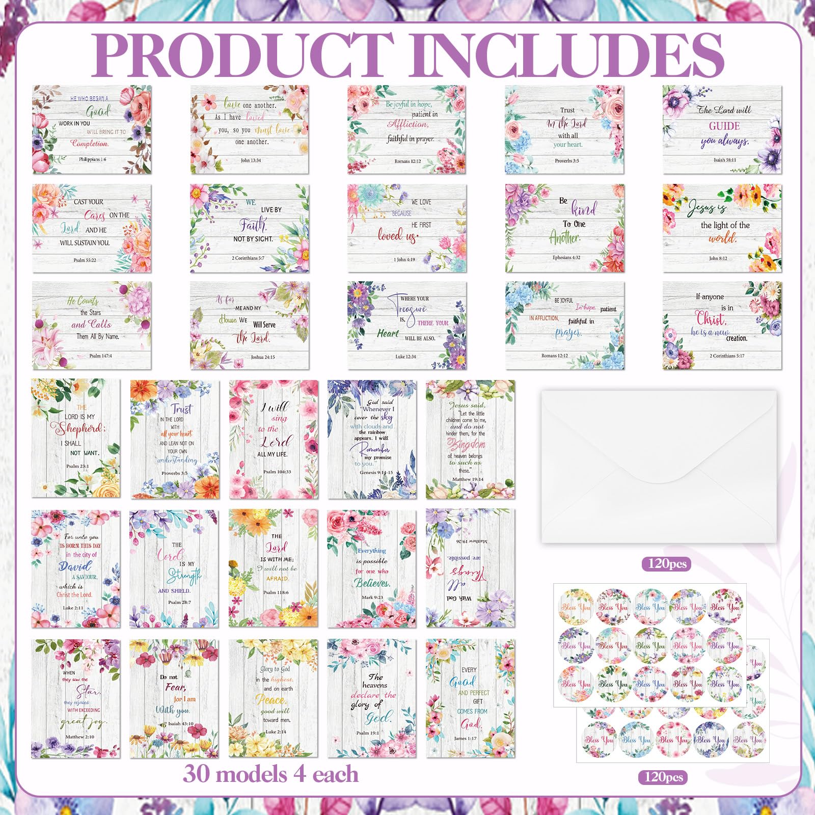 Sayglossy Juego de 120 tarjetas de felicitación con versículos de la Biblia, tarjetas religiosas a granel con sobres, calcomanías bendecidas, tarjetas de versículo de la Biblia, tarjetas de