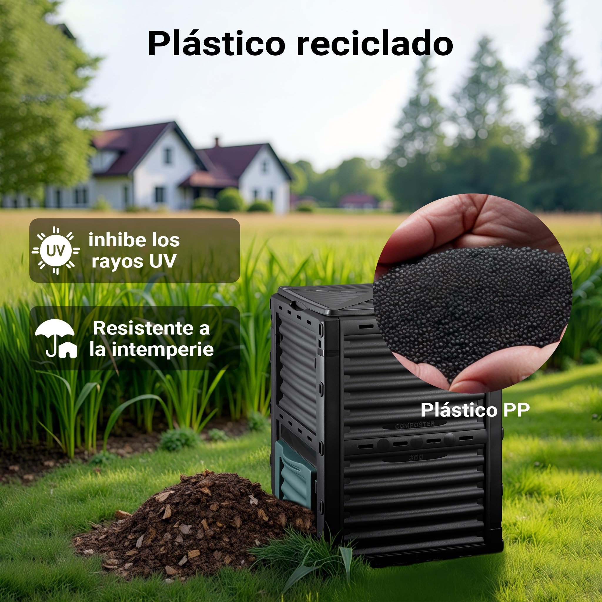 Wiltec Compostador de jardín 300 litros 61 x 61 x 82 cm, compostador de plástico para residuos orgánicos con Tapa compostaje rápido con Tapa Inferior para vaciar