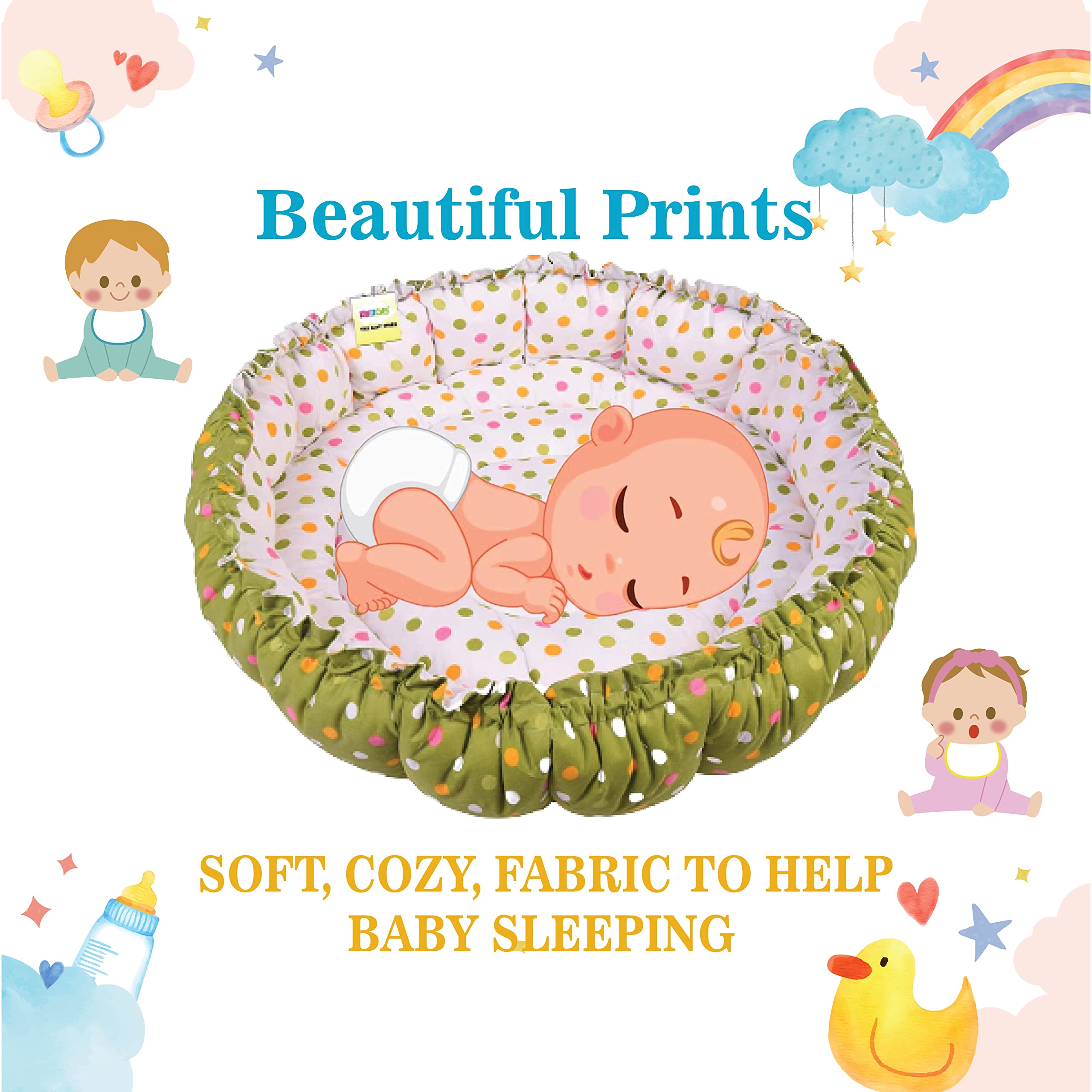 Kwitchy Baby Bed New Born Baby Reversible | Bedding Set | Carry | Cotton | Infants | Products All | Gift | Essentials (0-6 Months) (Green Mixmatch)