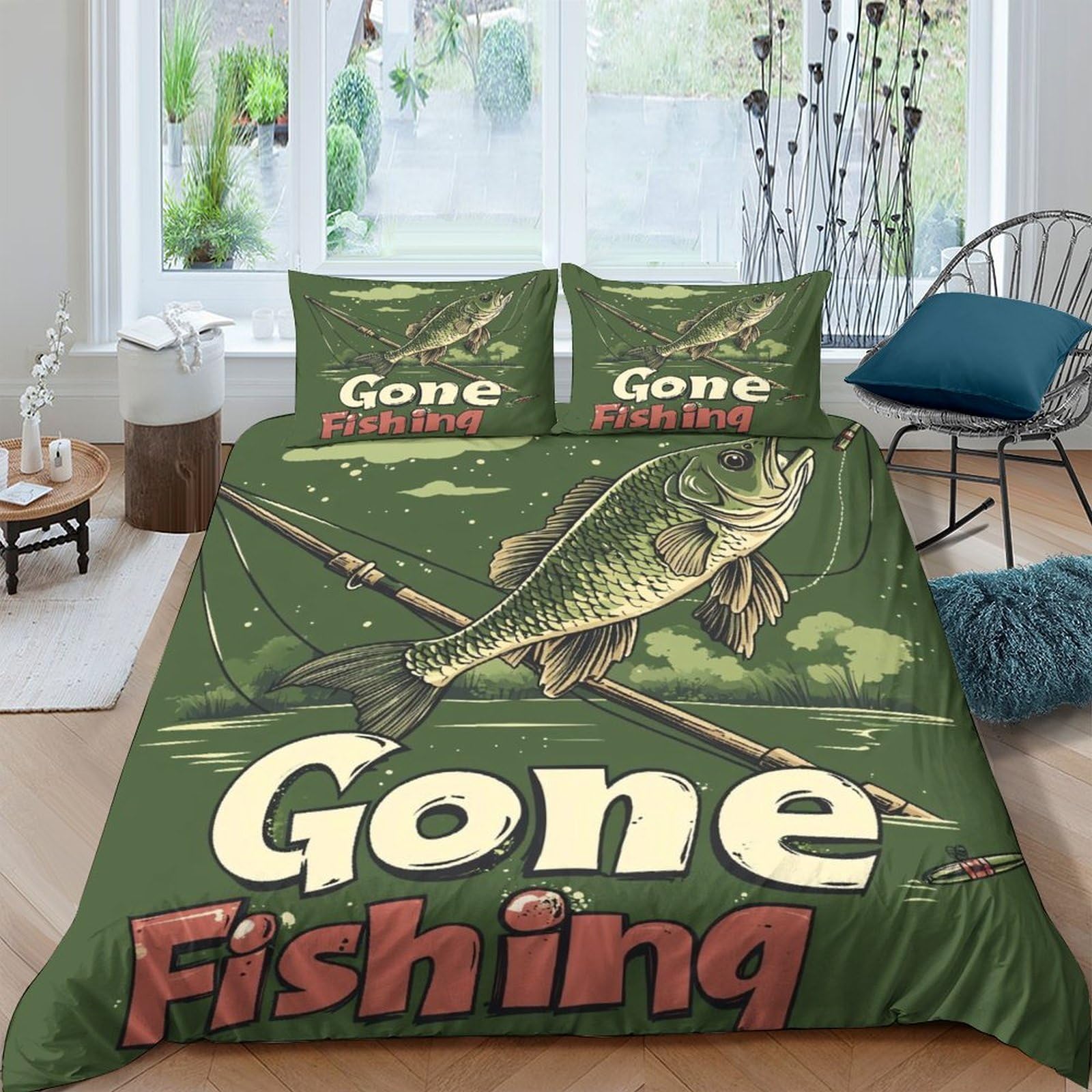 Ctjqhvkz Style-9 3D Printed Gone Fishing Fitted Sheet Microfiber Green Fish Theme Bed Sheet Anti-Slip Machine Washable For Bedroom Guest Room Single（135X200cm）