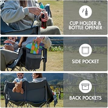 Portal Double Camping Chair, 2 Person Folding Loveseat for Adults, Padded Cushion Camp Lawn Love Seat with Side Pocket Portable Couch, Two Person Heavy Duty Wide Chairs with Cup Holder, 600 lbs