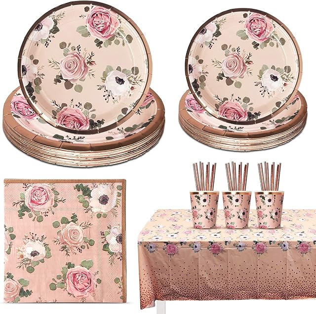 Rose Gold Party Tableware Decorations 16 Guests Disposable Paper Dinner and Dessert Plates Cups Napkins Straws Table Cover - Floral Supplies for Birthday Wedding Anniversary Baby Shower Hen Party