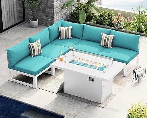 Miniatura 717 de NICESOUL 7 Piece White Powder-Coated Aluminum Patio Furniture with Fire Pit Table, 29 Inch Extra Wide Outdoor Sectional Sofa for 6, High-End Heavy