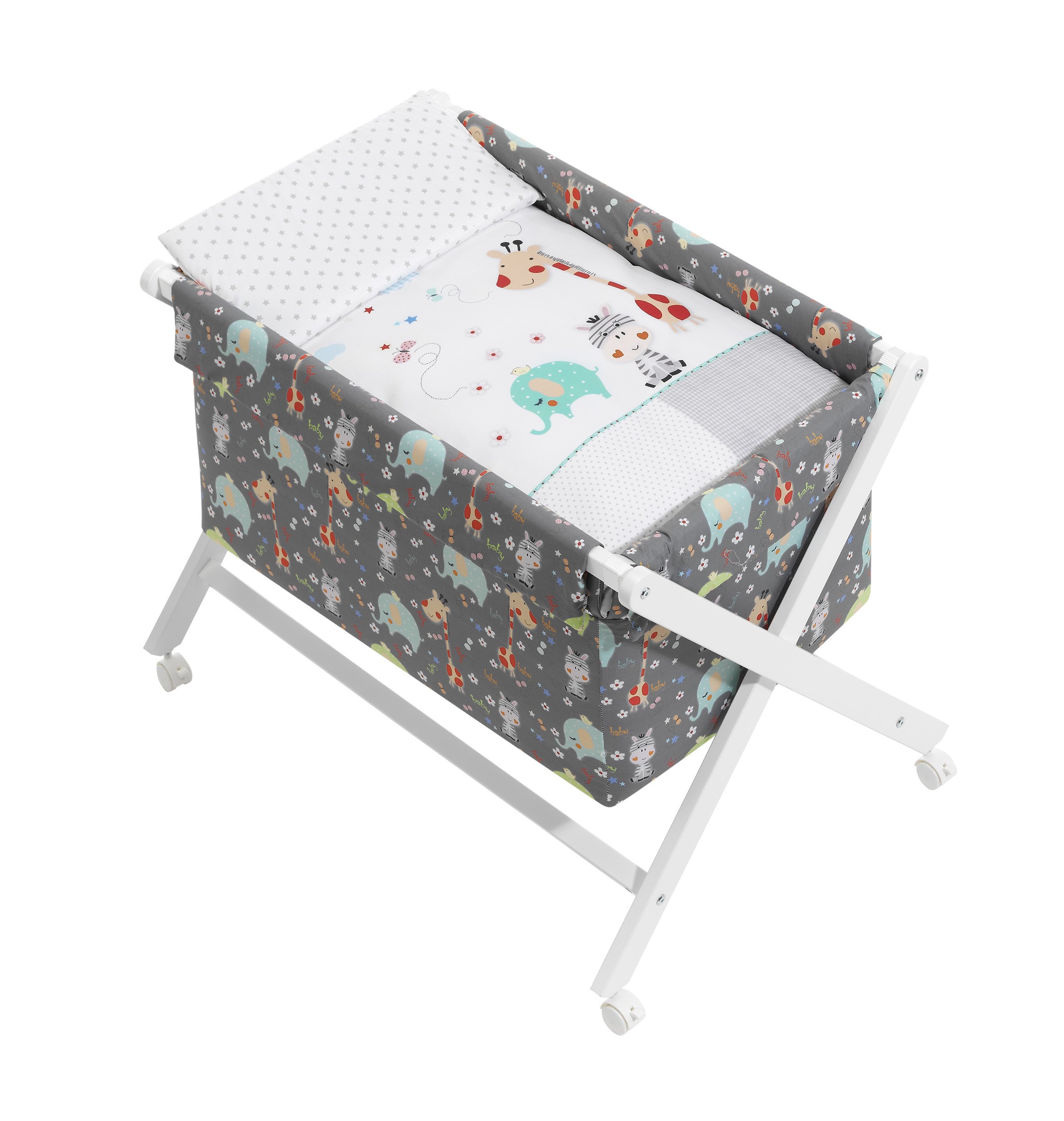 Minicuna Plegable Jirafa Gris: Estructura + Vestidura + Colcha Desenfuntable + Colchón + Almohada