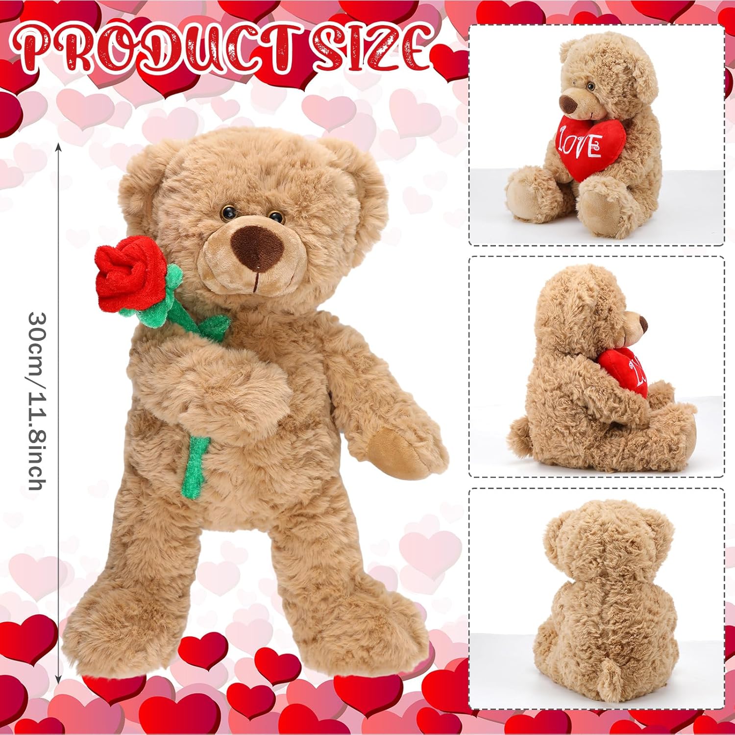 Soulchen 2 Pcs Valentine's Day Stuffed Animal for Girlfriend Soft Fur Teddy Bear with Heart and Roses Cute Soft Gift for Him Her Families Birthday Anniversary to Show Love