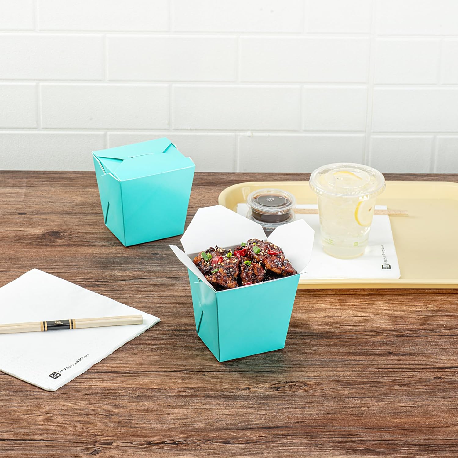 Bio Tek 4 x 3.5 x 4.5 Inch Food Containers, 50 Noodle Takeaway Boxes - Disposable, Sturdy, Turquoise Paper 26 Ounce Take Out Boxes, Square, For Hot Or Cold Foods - Restaurantware