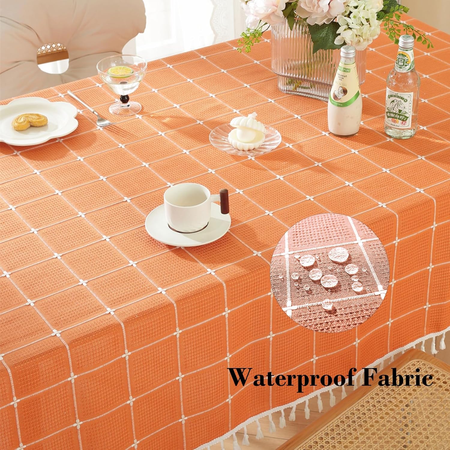 Rakila Rustic Plaid Cotton Linen Tablecloth Checkered Waterproof with Tassel Table Cover Decoration for Kitchen Dining Christmas Party 55" x 78", Rectangle, Orange, 6-8 Seats