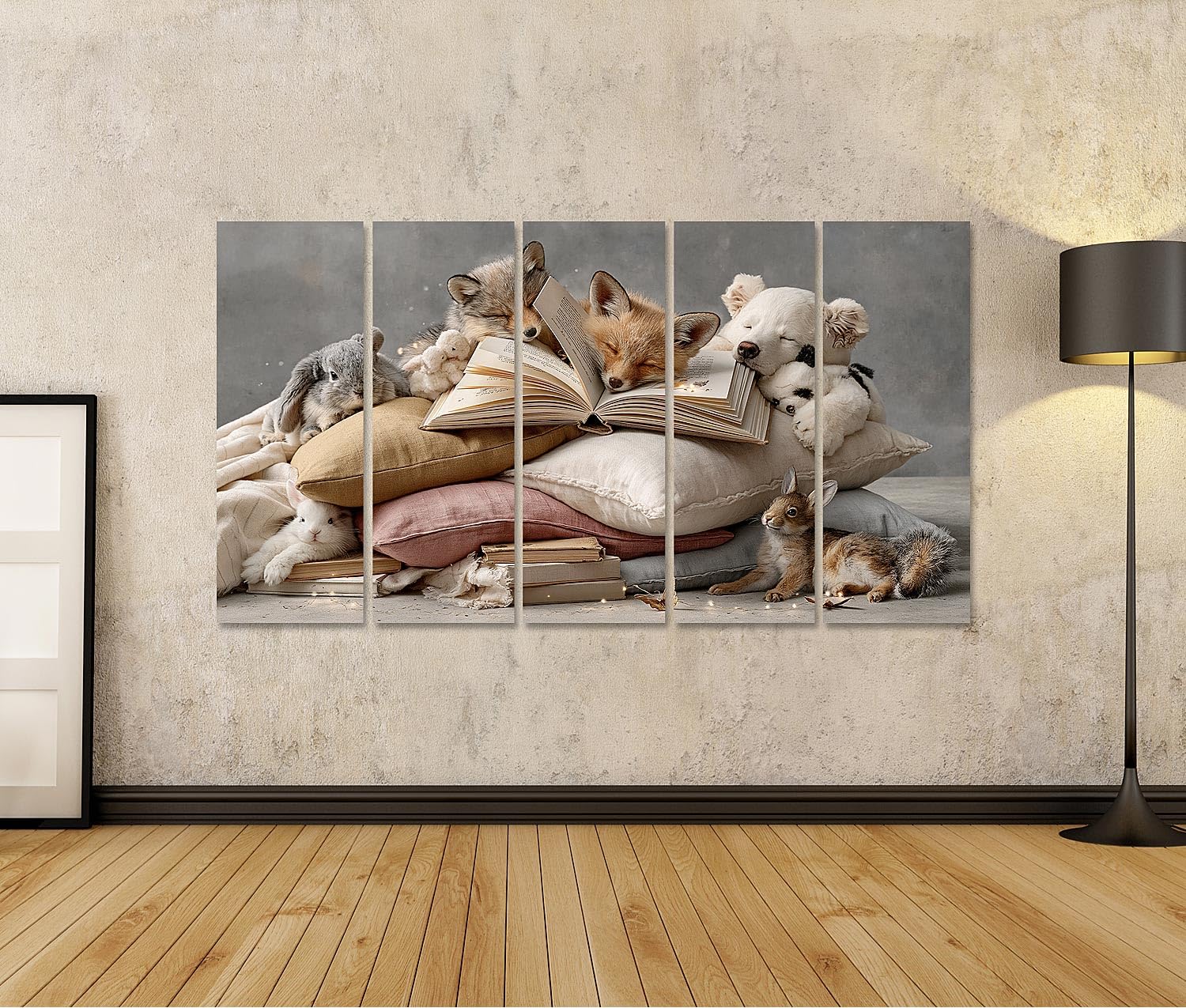islandburner Cuadro sobre lienzo con diseño de animales de ensueño, libro de cuentos de hadas, ilustración para habitación infantil, 5 piezas, XXL