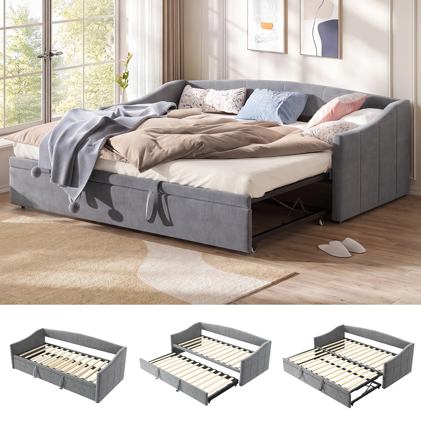 Ausziehbares Tagesbett 90/180x200 cm, Polsterbett Schlafsofa mit ausziehbarem Rollbett & Lattenrost,Schlafcouch Ausziehbar zum Doppelbett, Samt, Beige, Ohne Matratze (Grau-1)